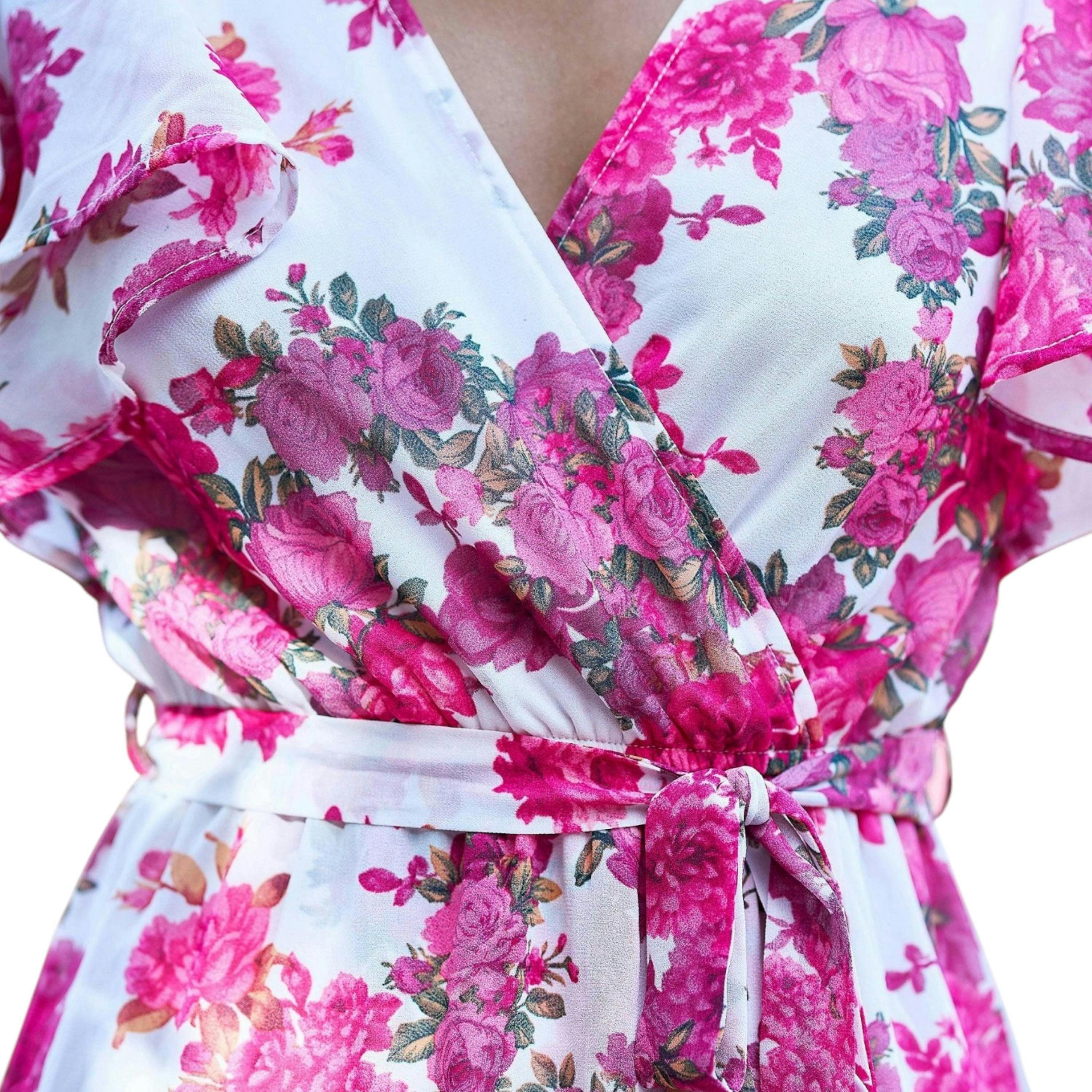 Yumi Ivory Floral Wrap Dress With Dipped Hem , view 4 of 6