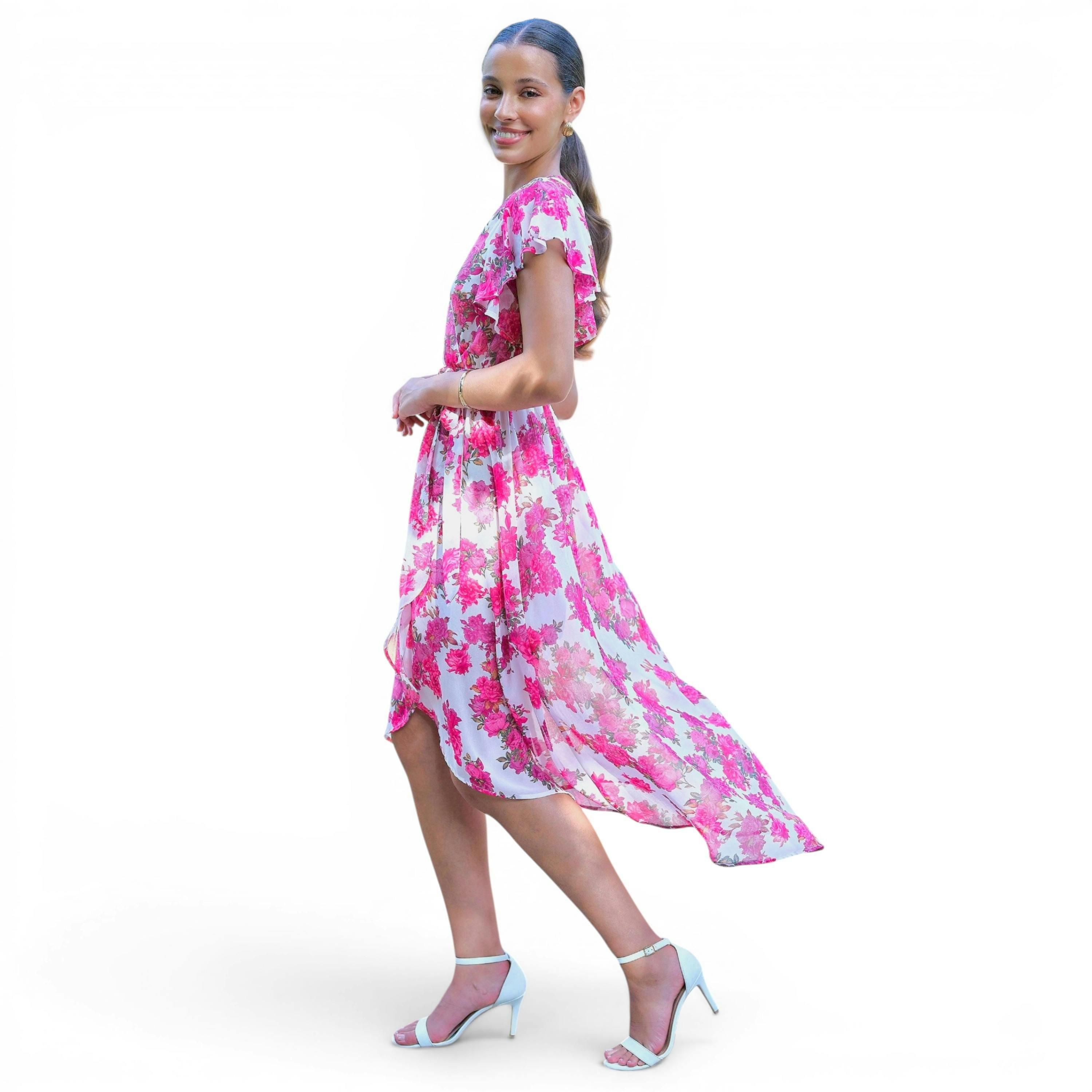 Yumi Ivory Floral Wrap Dress With Dipped Hem , view 5 of 6