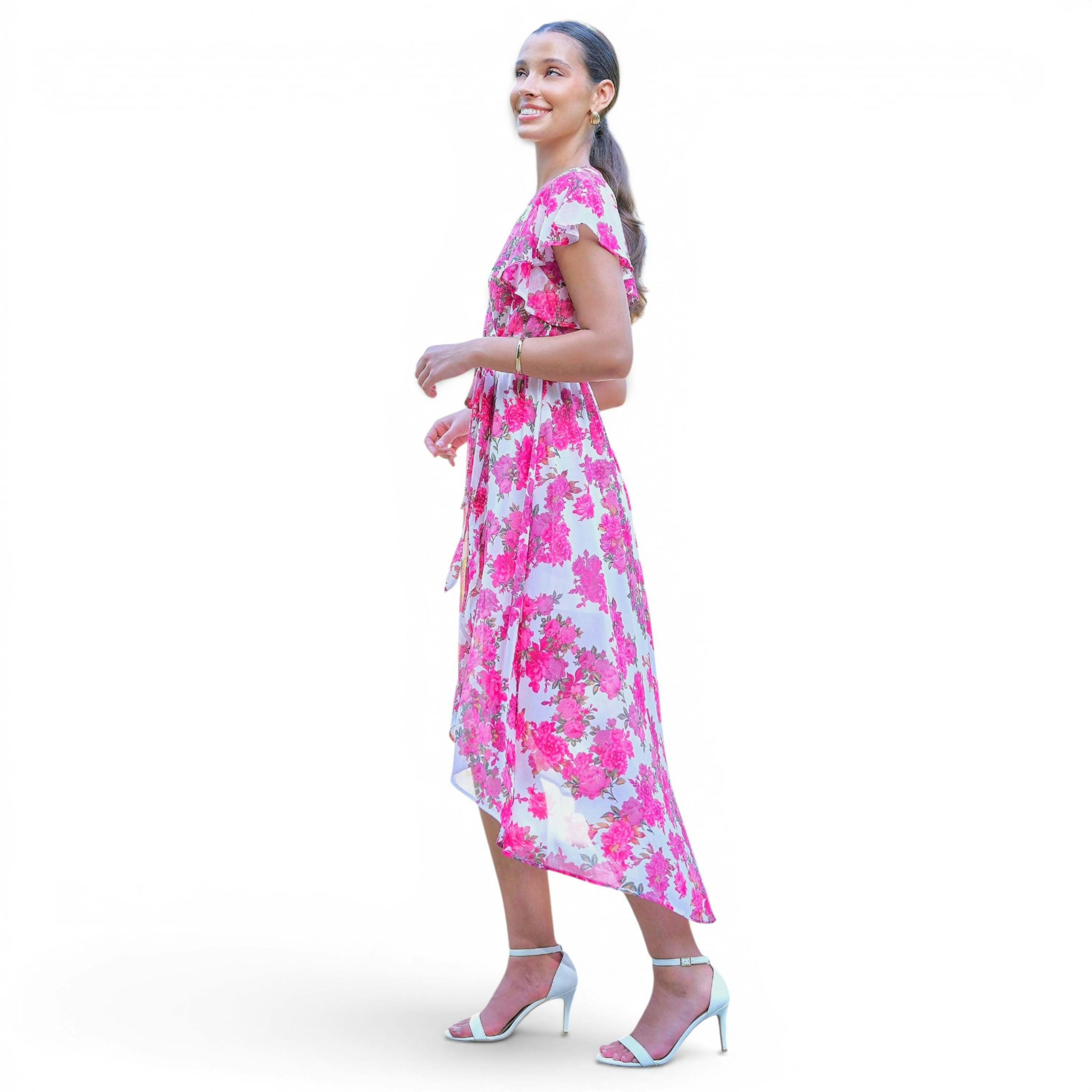Yumi Ivory Floral Wrap Dress With Dipped Hem , view 6 of 6