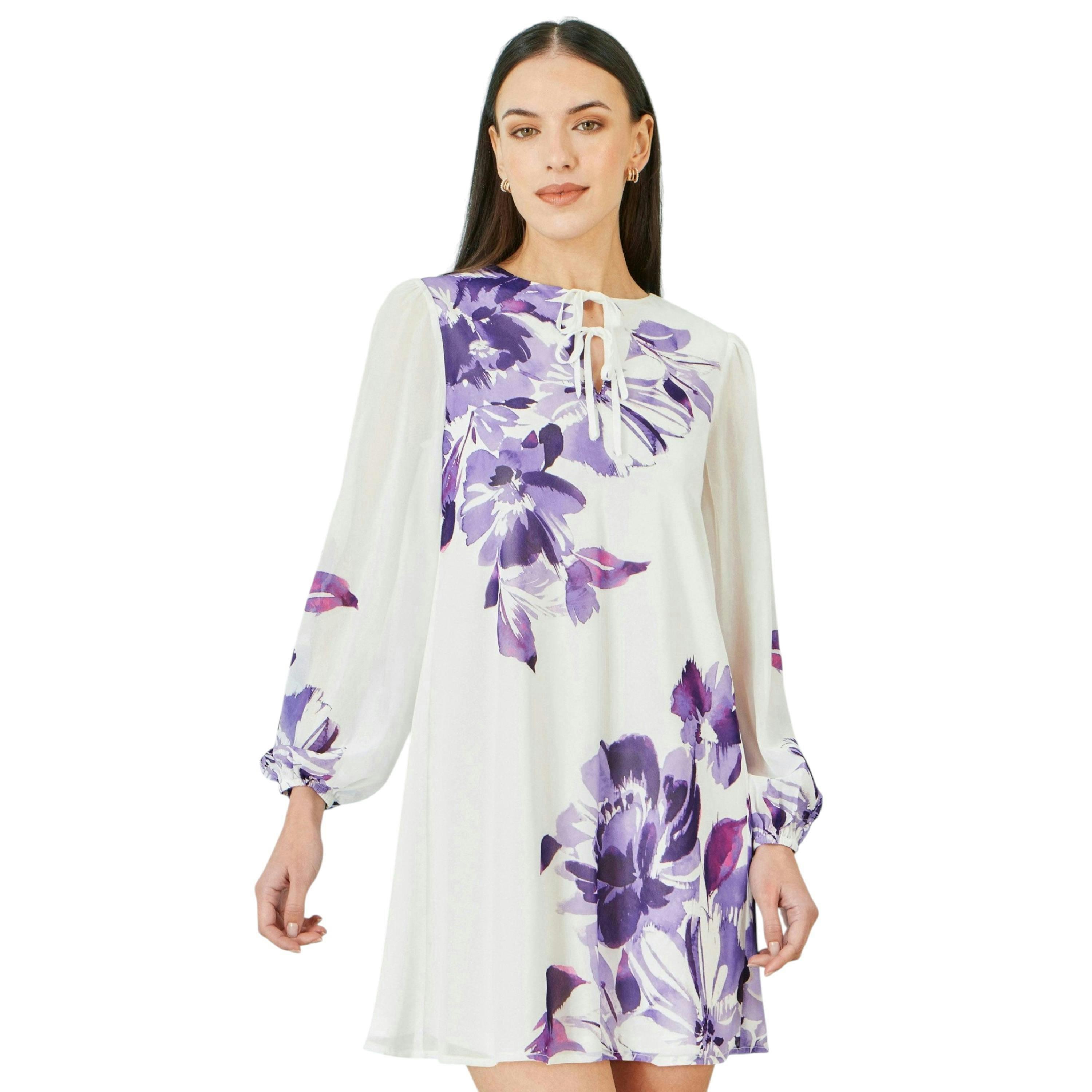 Yumi White Floral Placement Tunic With Keyhole Neckline , view 1 of 6