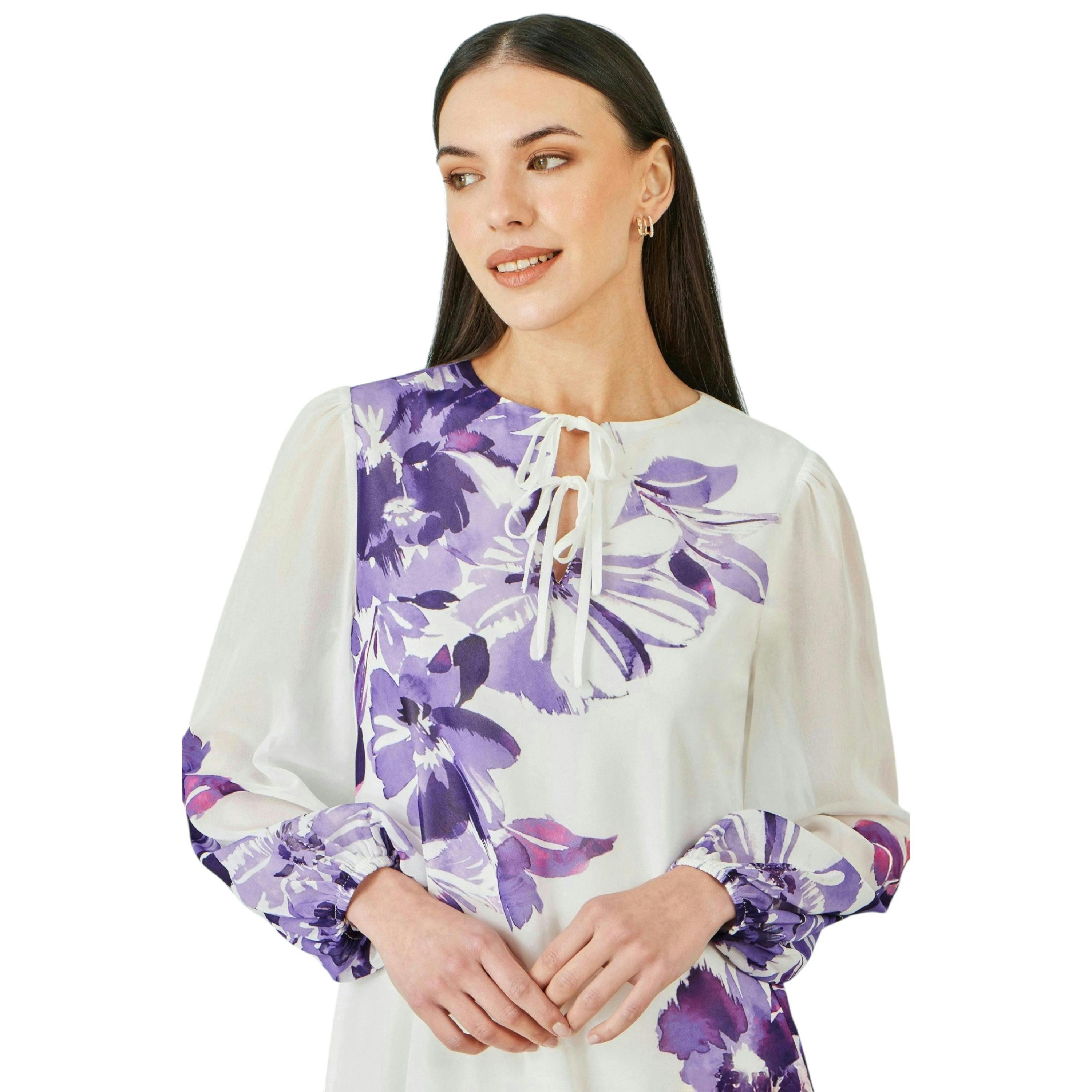 Yumi White Floral Placement Tunic With Keyhole Neckline , view 2 of 6