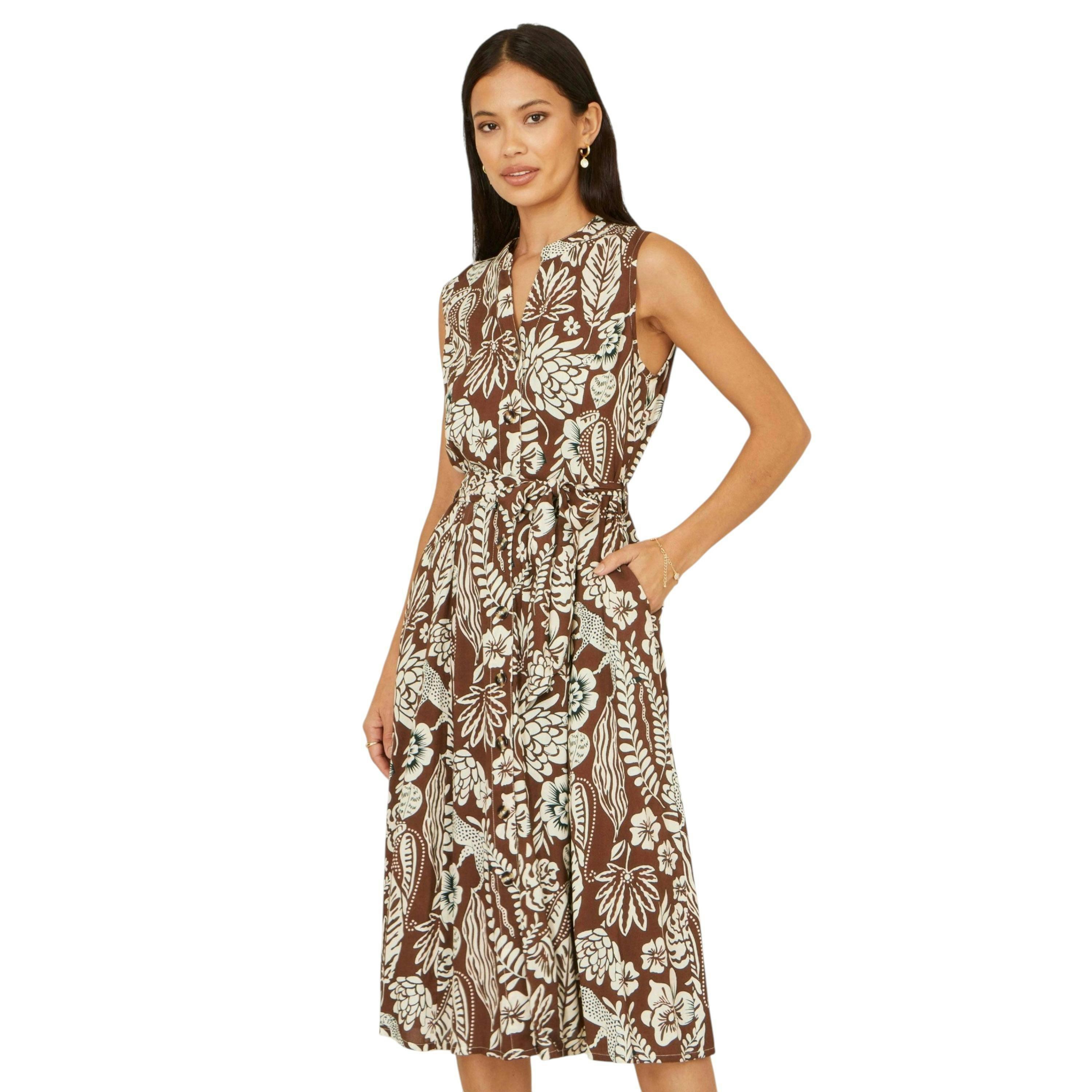 Yumi Brown Leaf Print Shirt Dress , view 1 of 6