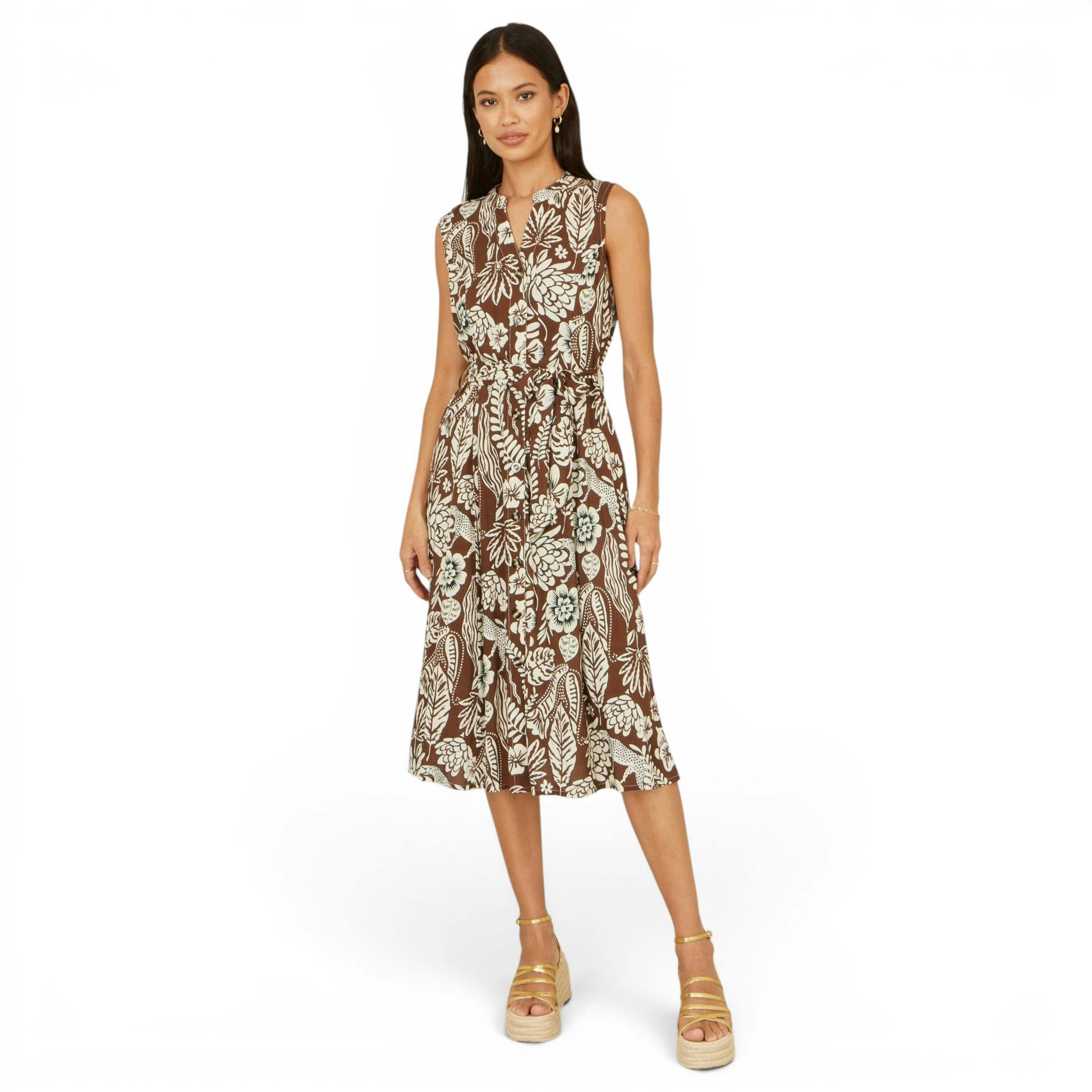 Yumi Brown Leaf Print Shirt Dress , view 3 of 6