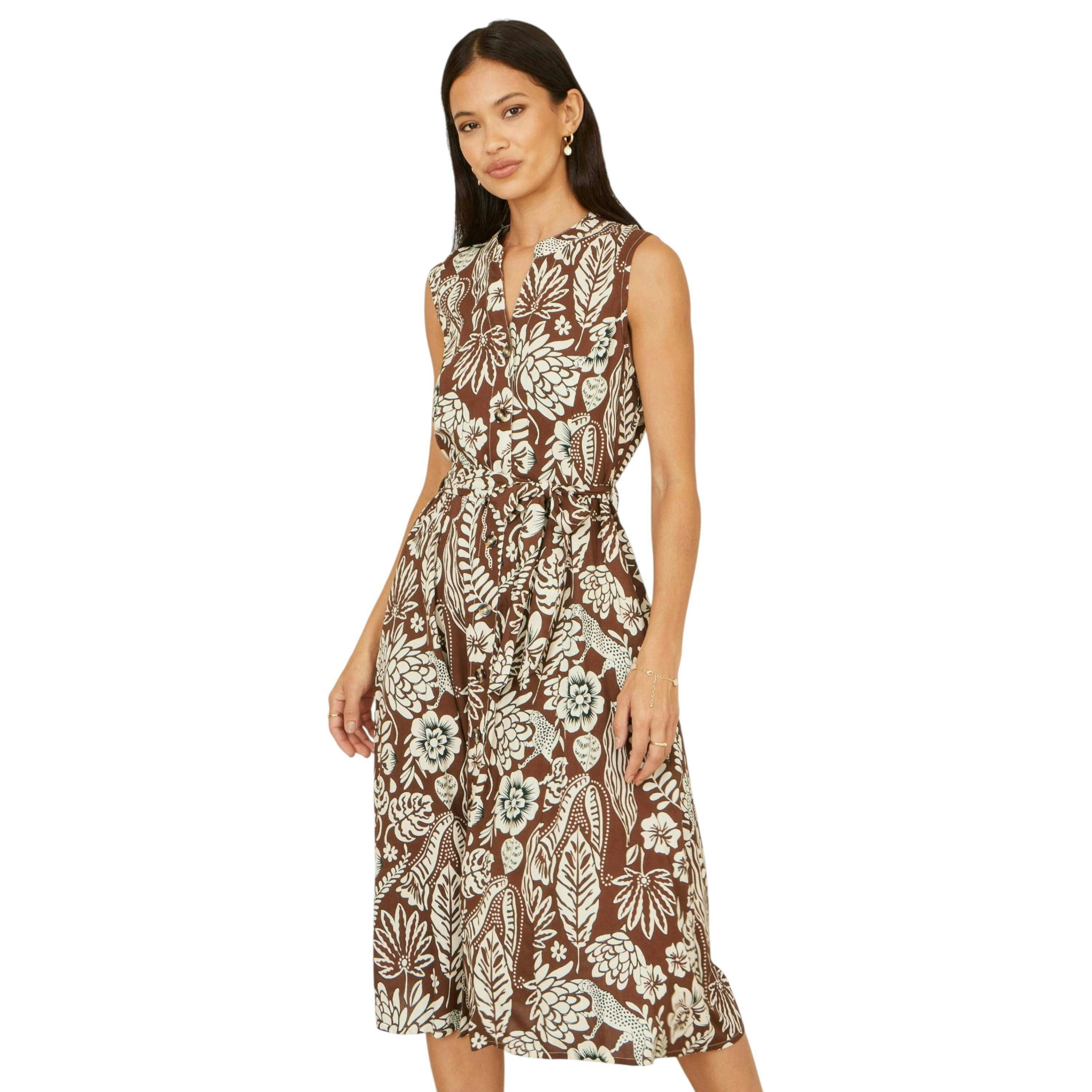 Yumi Brown Leaf Print Shirt Dress , view 5 of 6