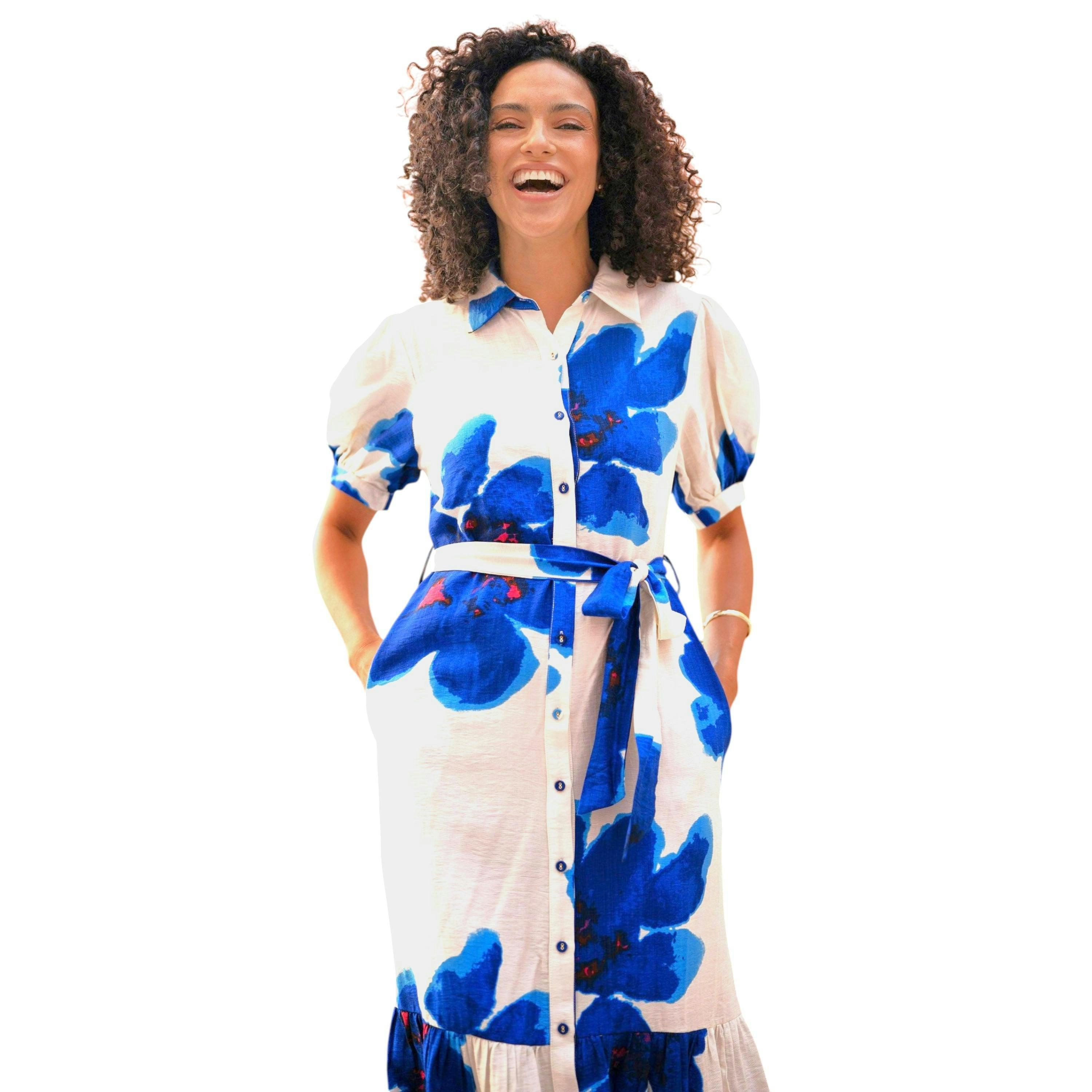 Yumi Blue Scattered Floral Shirt Dress , view 3 of 6
