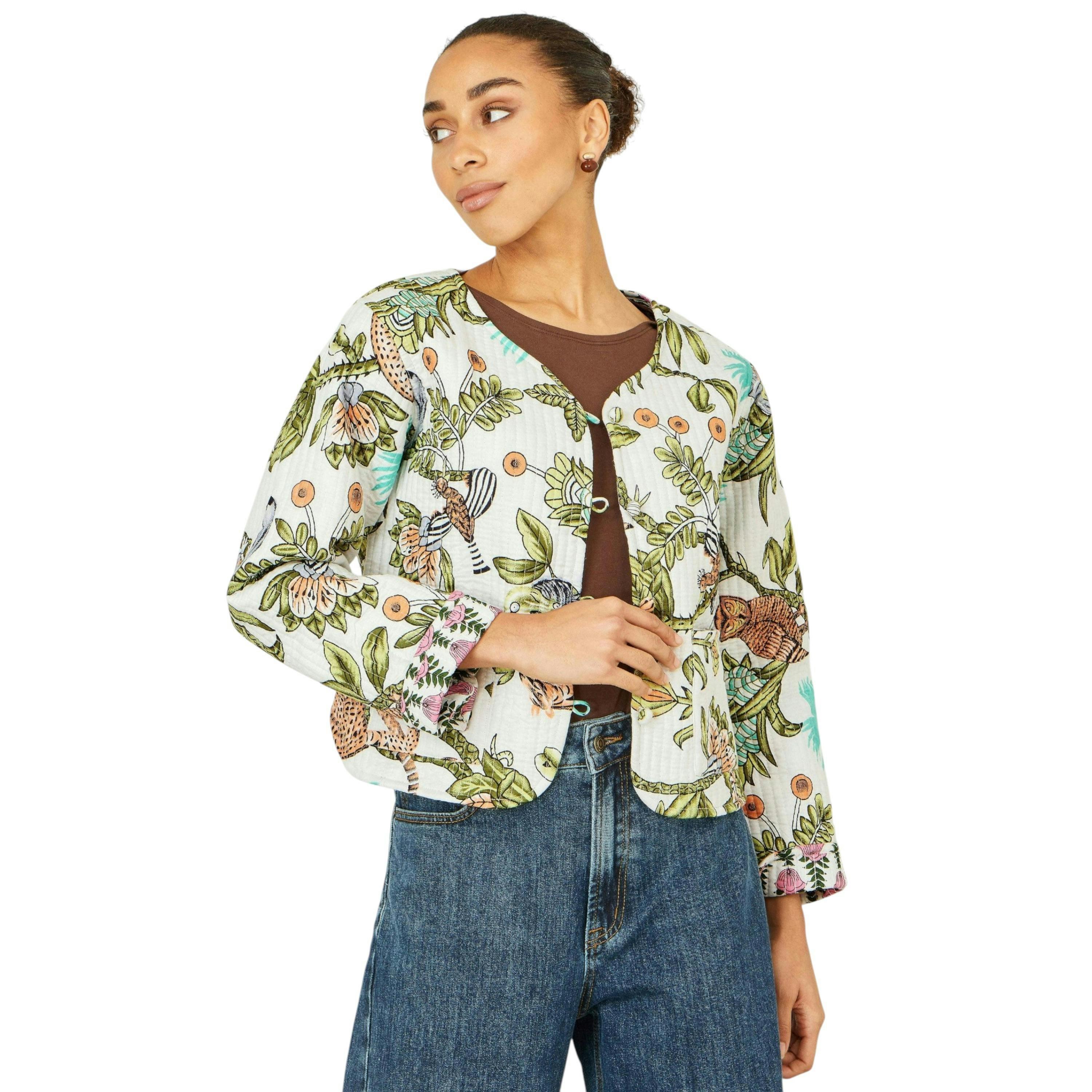 Yumi White Botanical Print Reversible Cotton Quilted Jacket , view 1 of 6