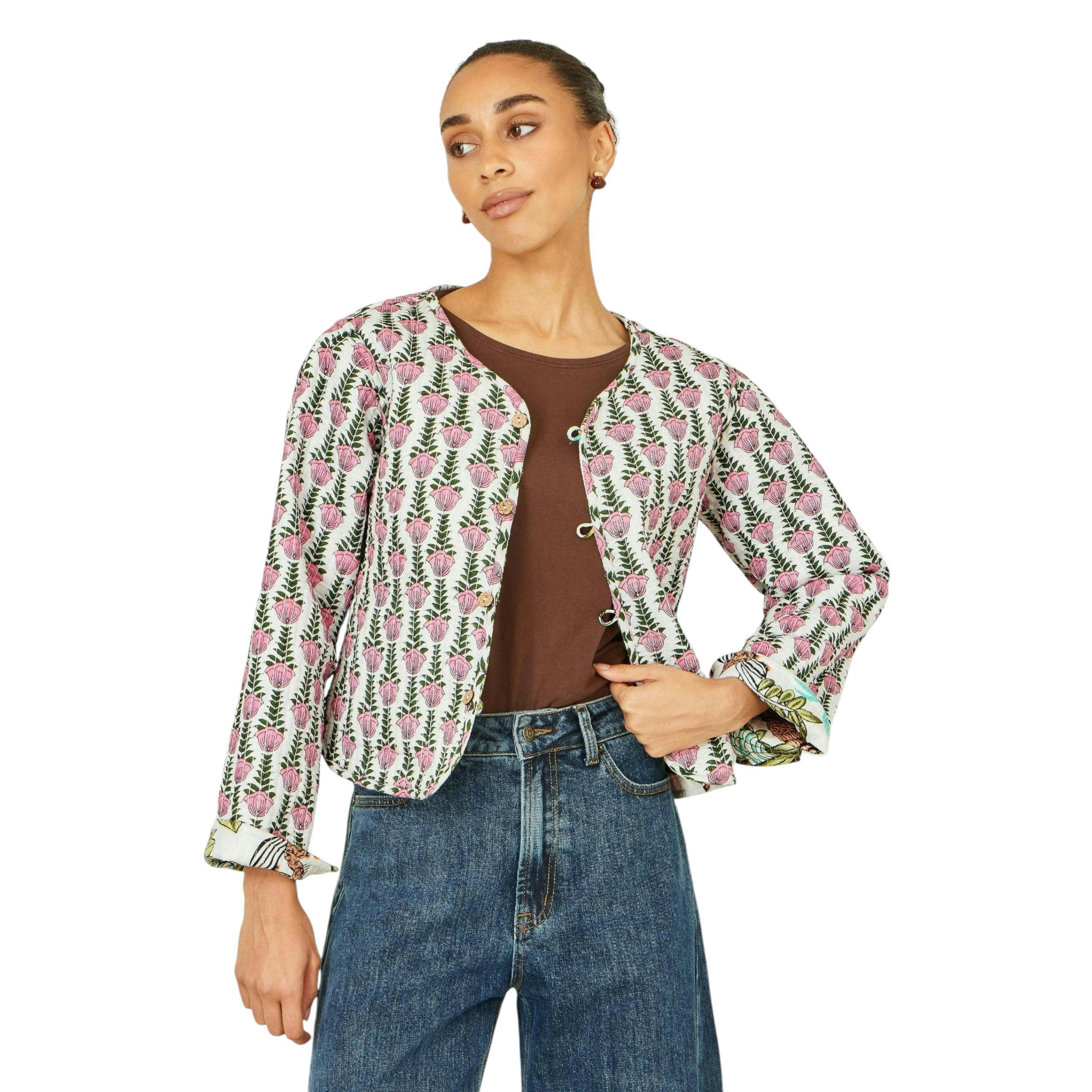 Yumi White Botanical Print Reversible Cotton Quilted Jacket , view 3 of 6
