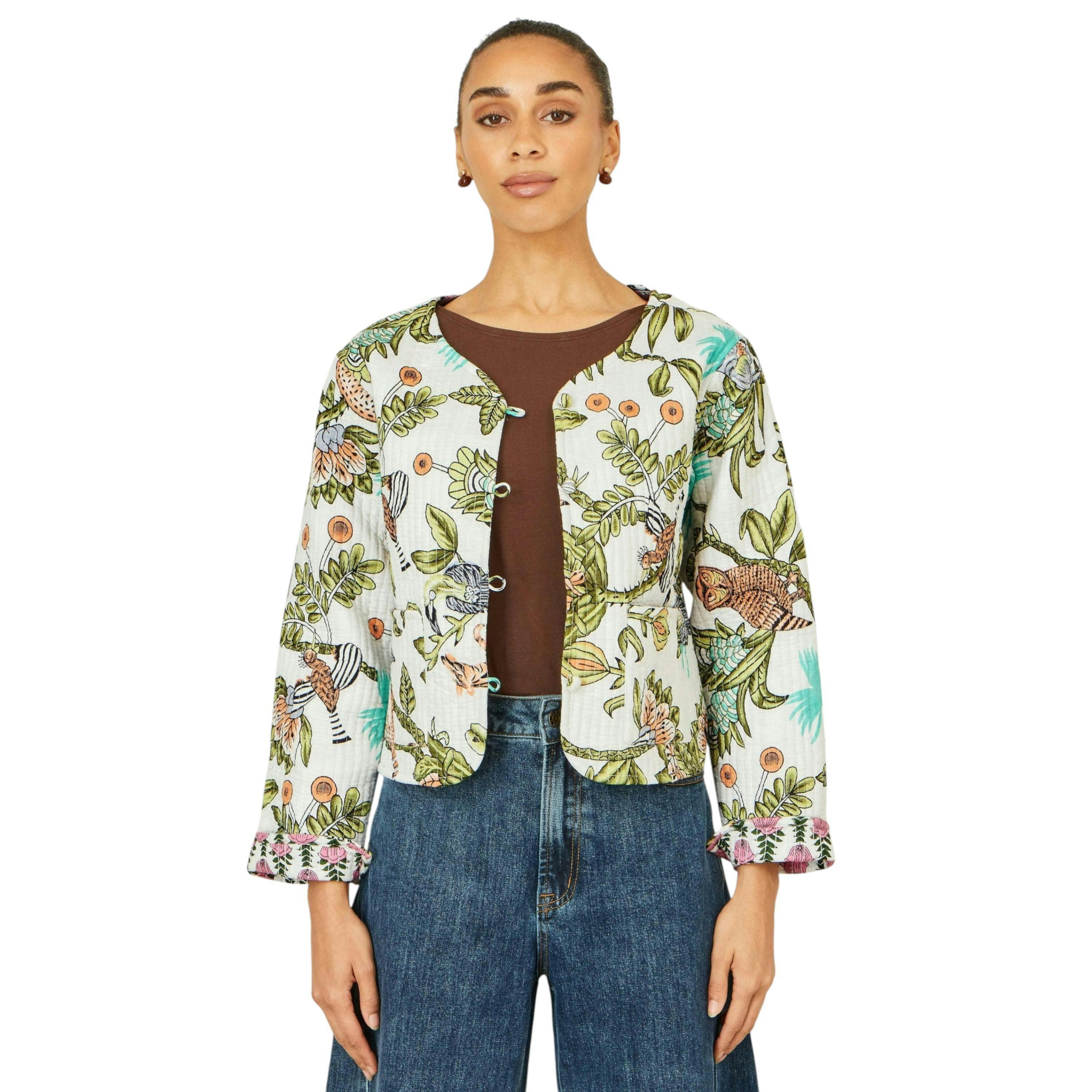 Yumi White Botanical Print Reversible Cotton Quilted Jacket , view 4 of 6