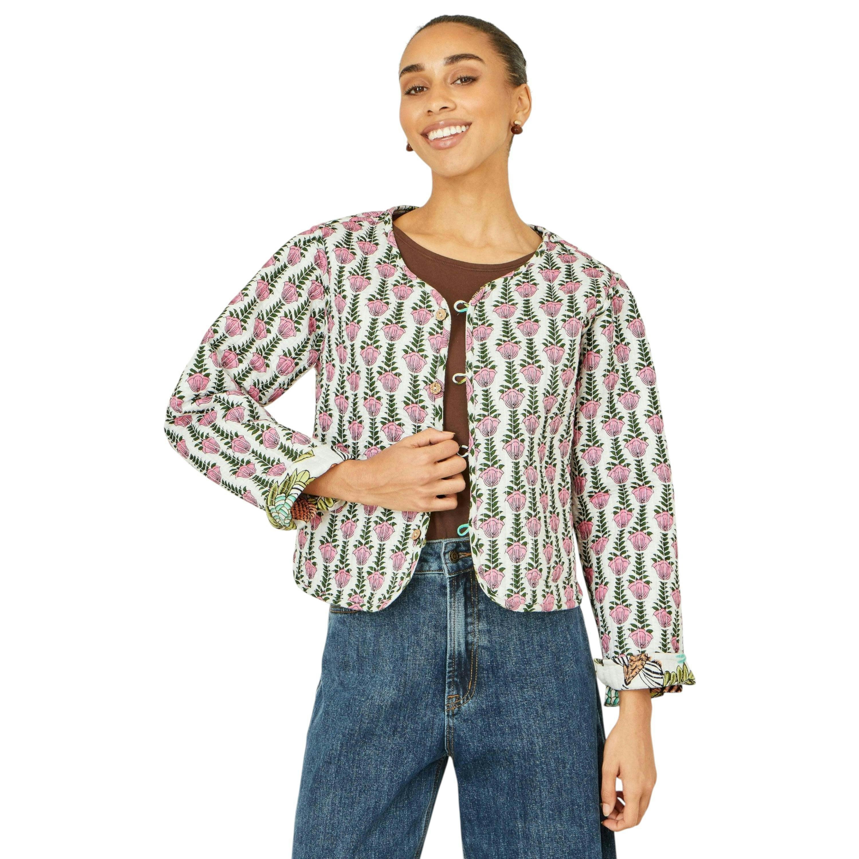 Yumi White Botanical Print Reversible Cotton Quilted Jacket , view 6 of 6