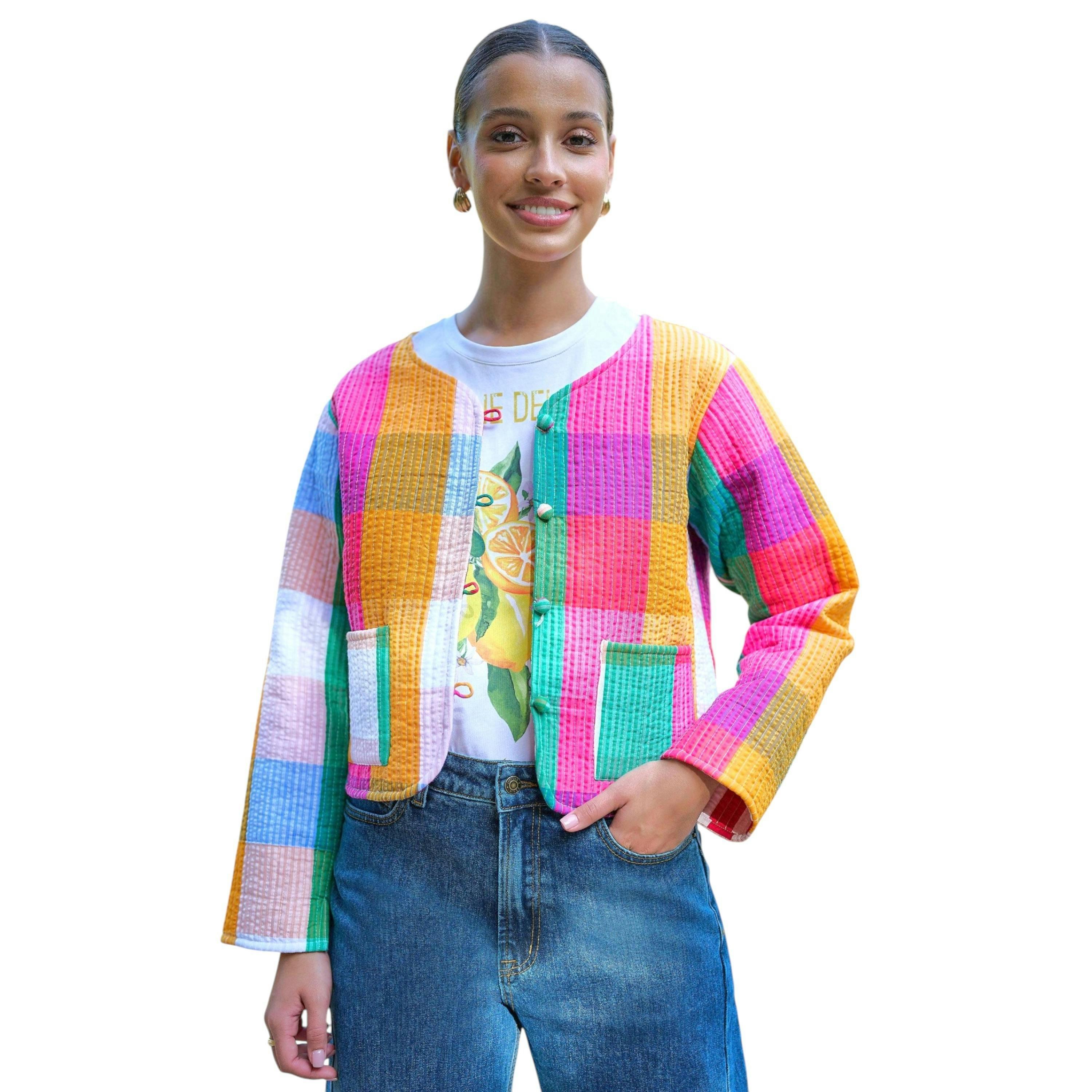 Yumi Multicolour Checked Cropped Reversible Cotton Quilted Jacket , view 1 of 6