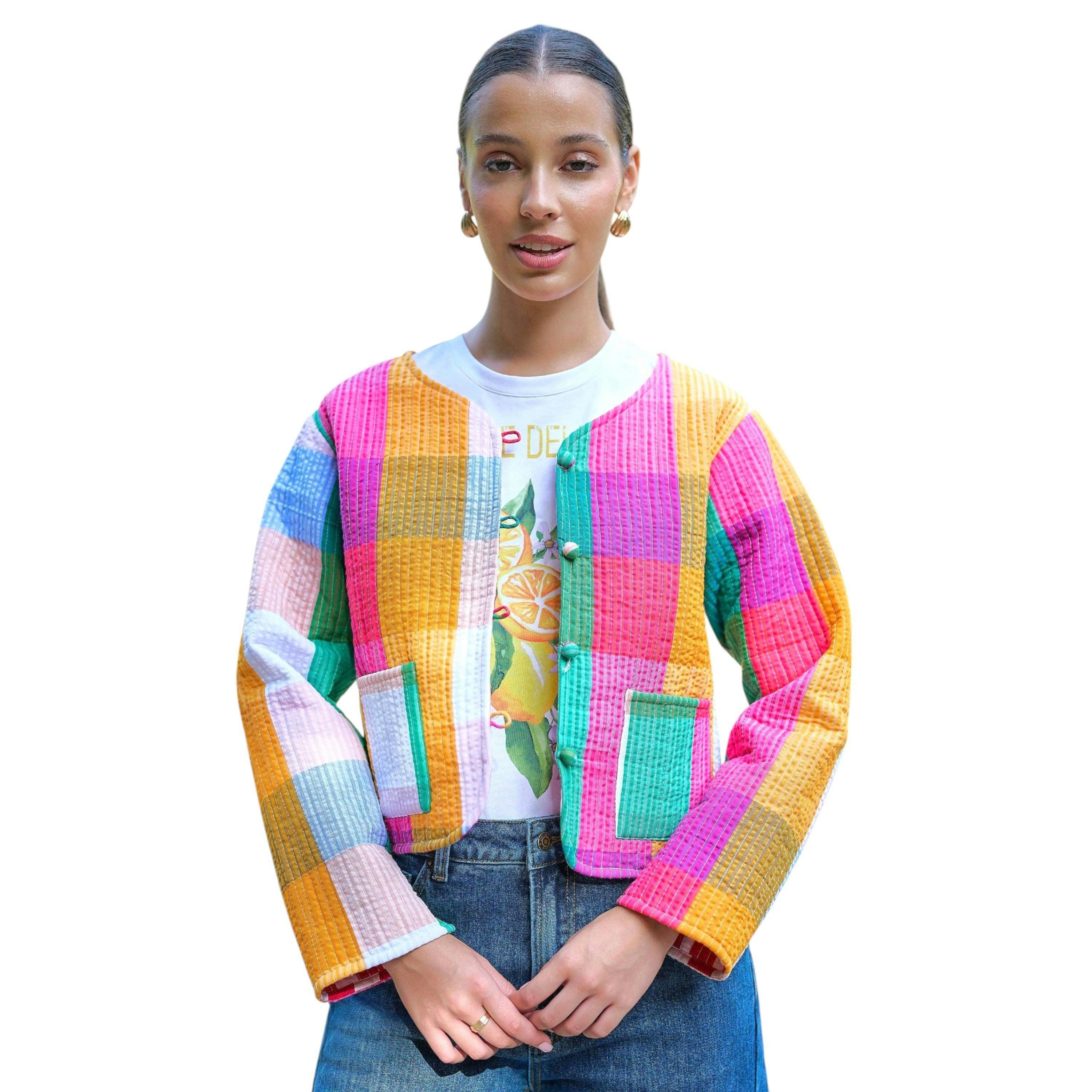 Yumi Multicolour Checked Cropped Reversible Cotton Quilted Jacket , view 2 of 6