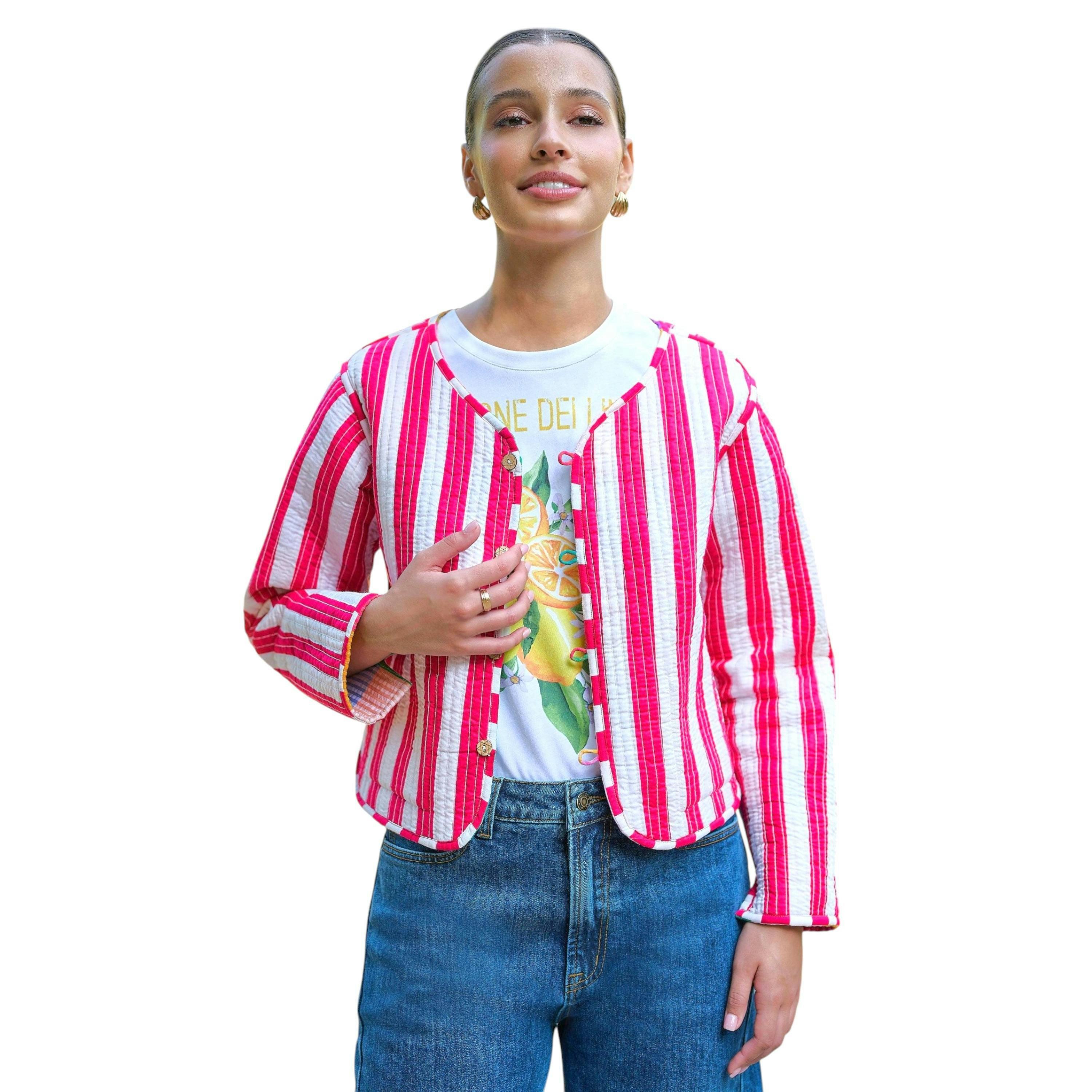 Yumi Multicolour Checked Cropped Reversible Cotton Quilted Jacket , view 3 of 6