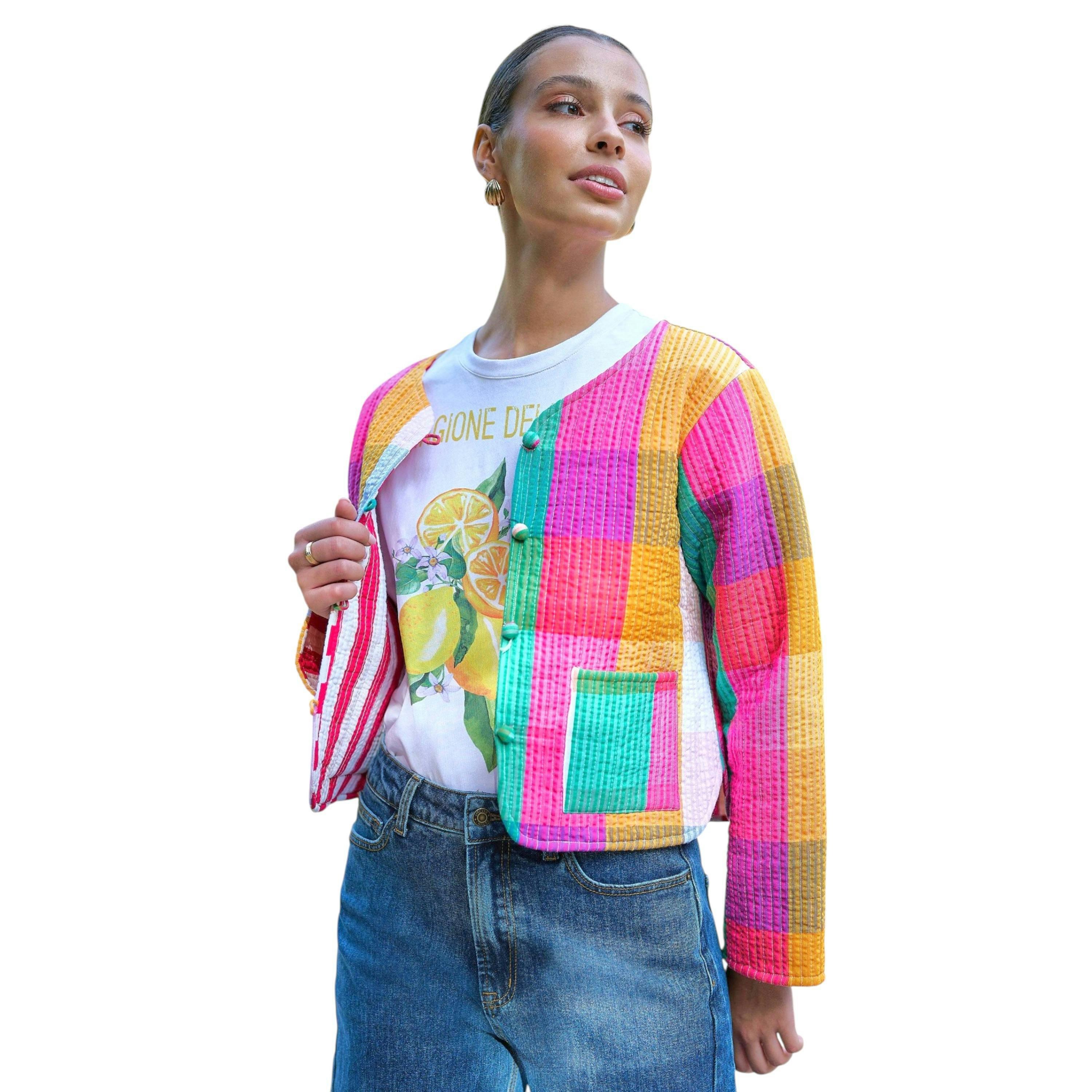 Yumi Multicolour Checked Cropped Reversible Cotton Quilted Jacket , view 4 of 6