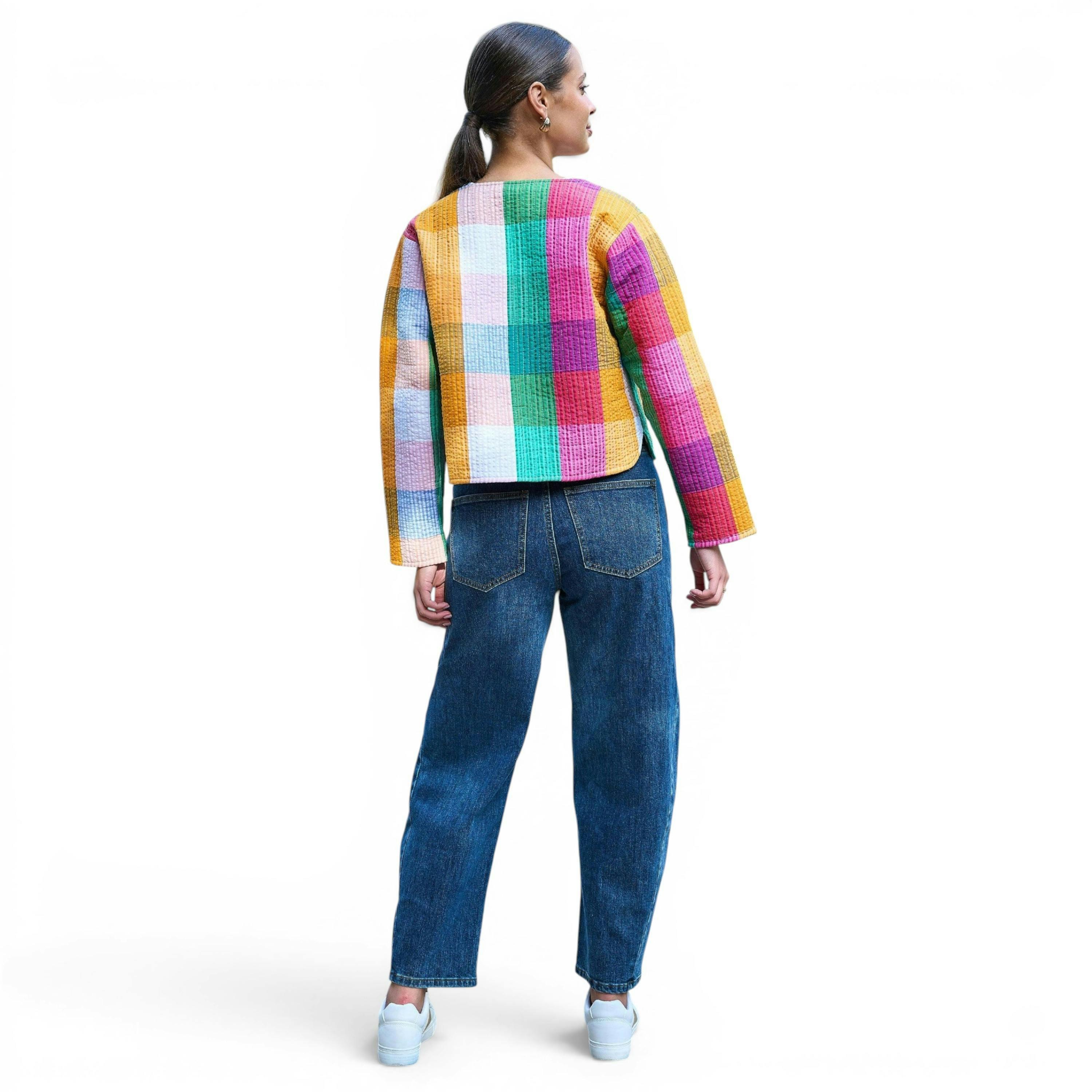 Yumi Multicolour Checked Cropped Reversible Cotton Quilted Jacket , view 5 of 6