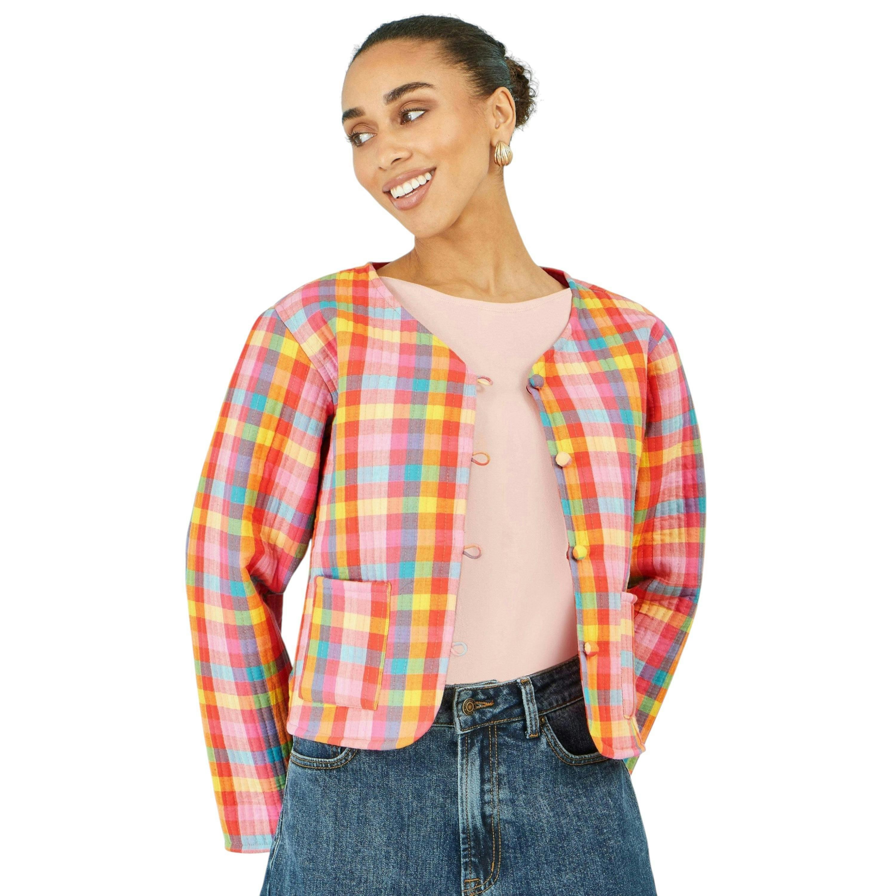 Yumi Multicolour Checked Reversible Cotton Quilted Jacket , view 1 of 6