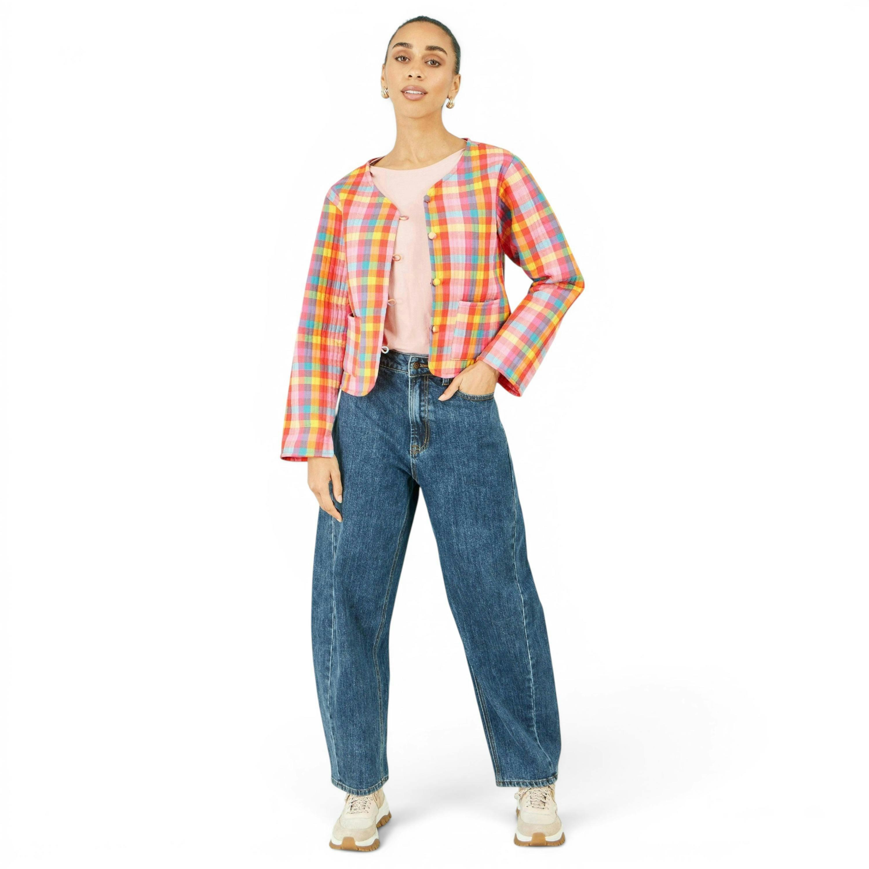 Yumi Multicolour Checked Reversible Cotton Quilted Jacket , view 2 of 6