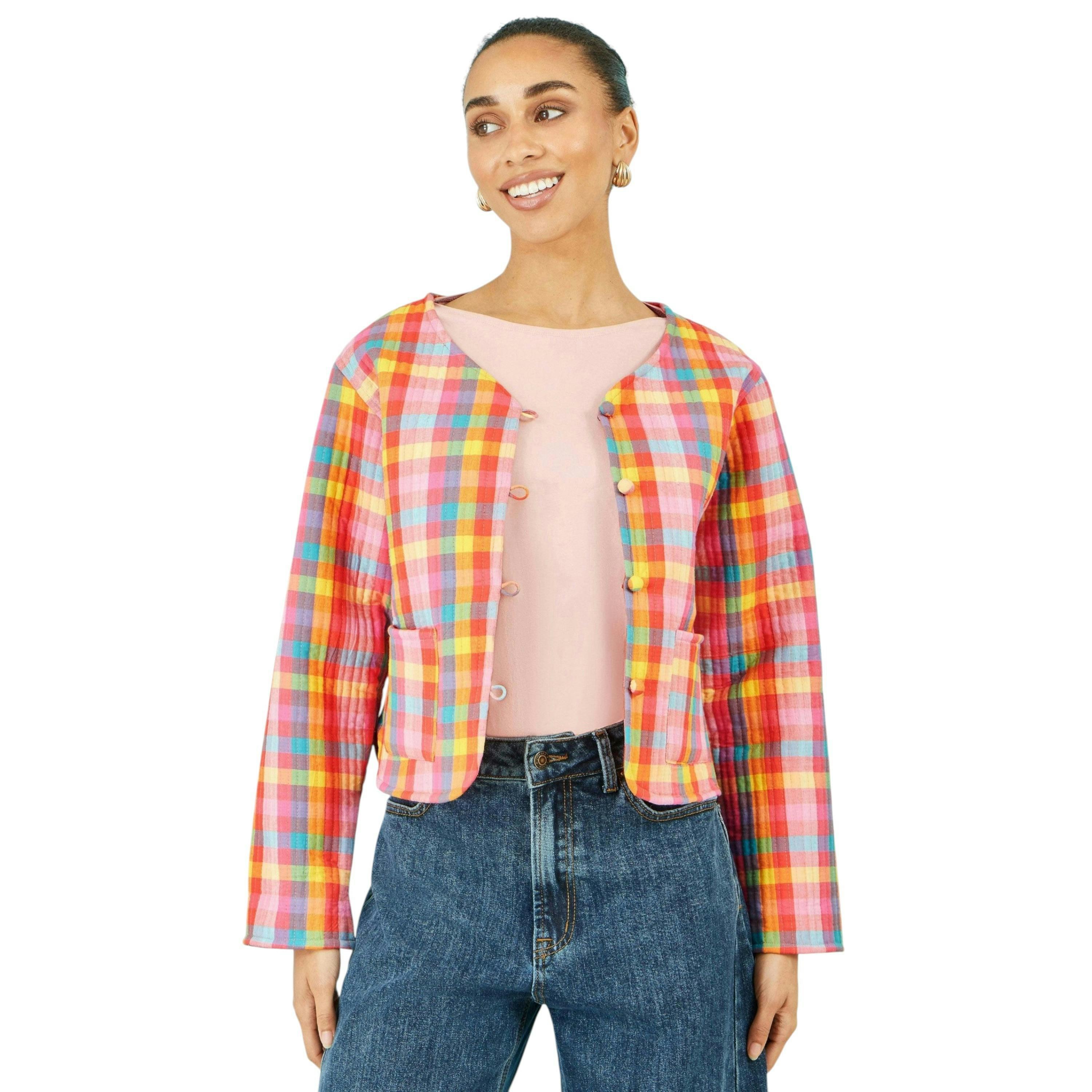 Yumi Multicolour Checked Reversible Cotton Quilted Jacket , view 3 of 6