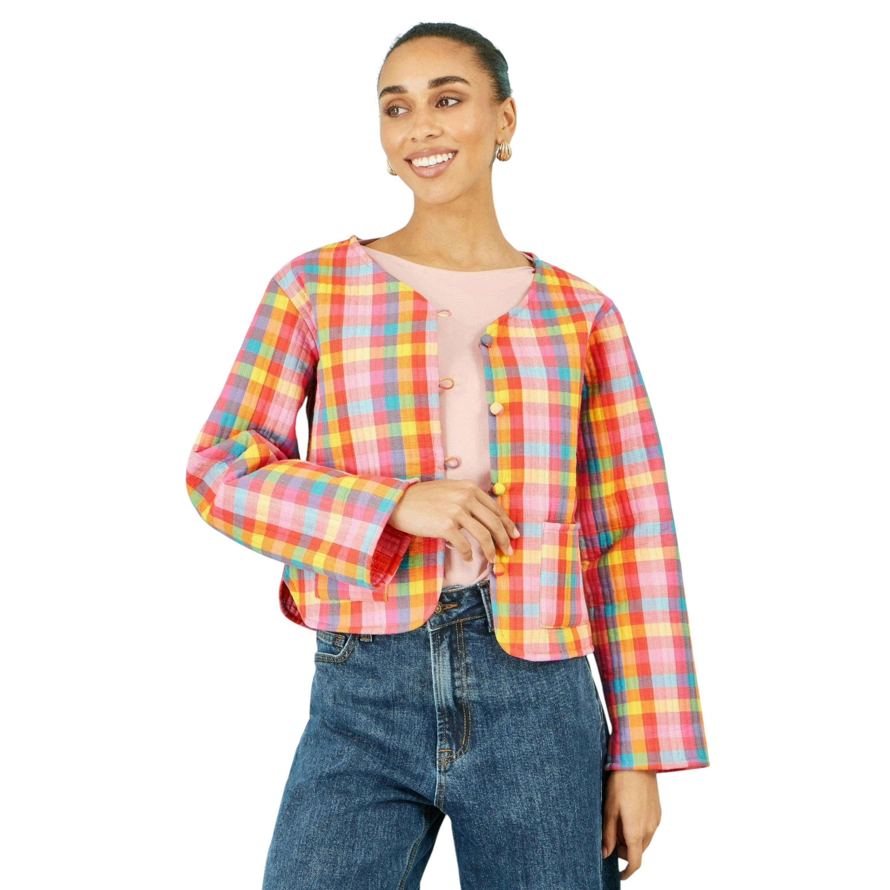 Yumi Multicolour Checked Reversible Cotton Quilted Jacket , view 6 of 6