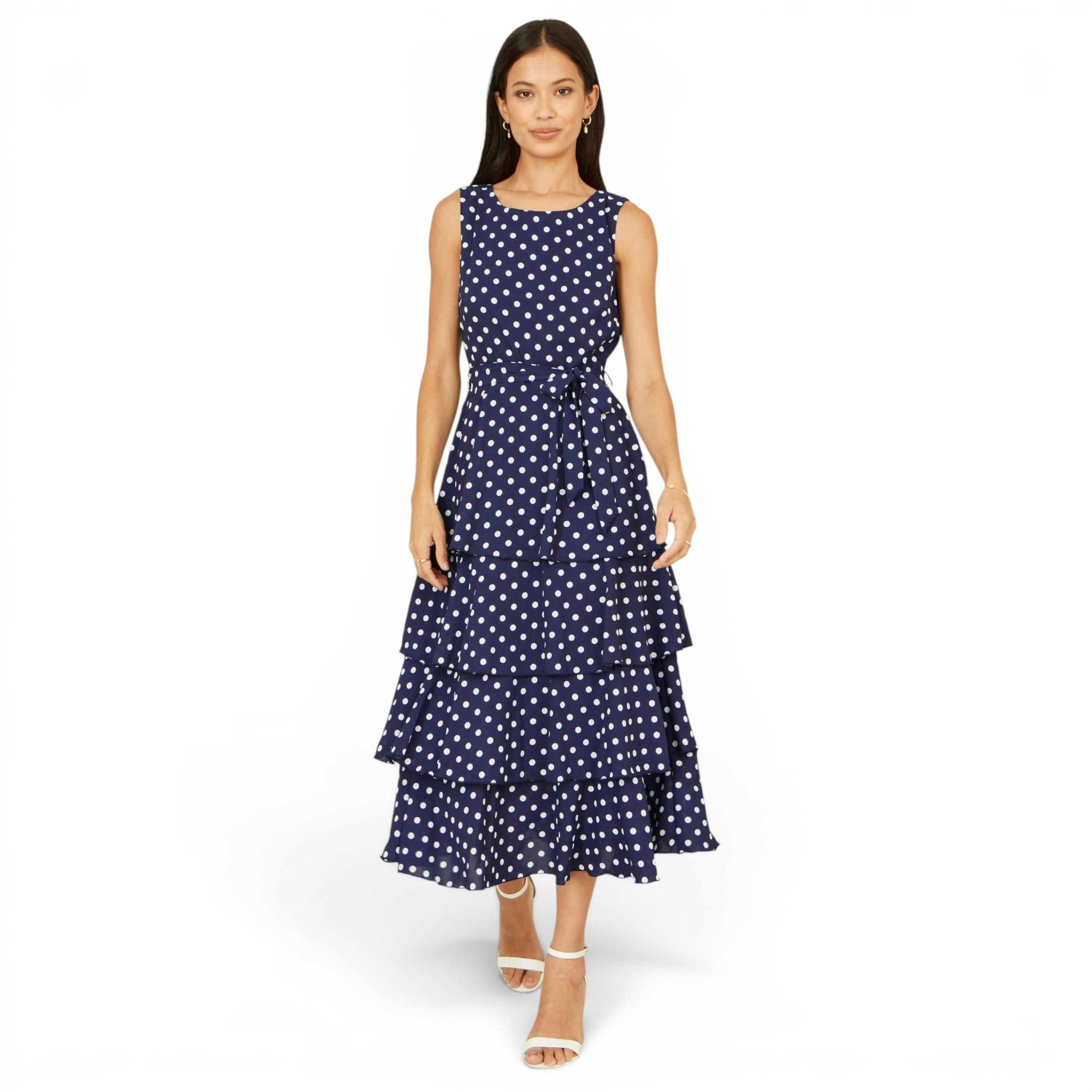 Yumi Navy Spot Tiered Midi Dress , view 1 of 6