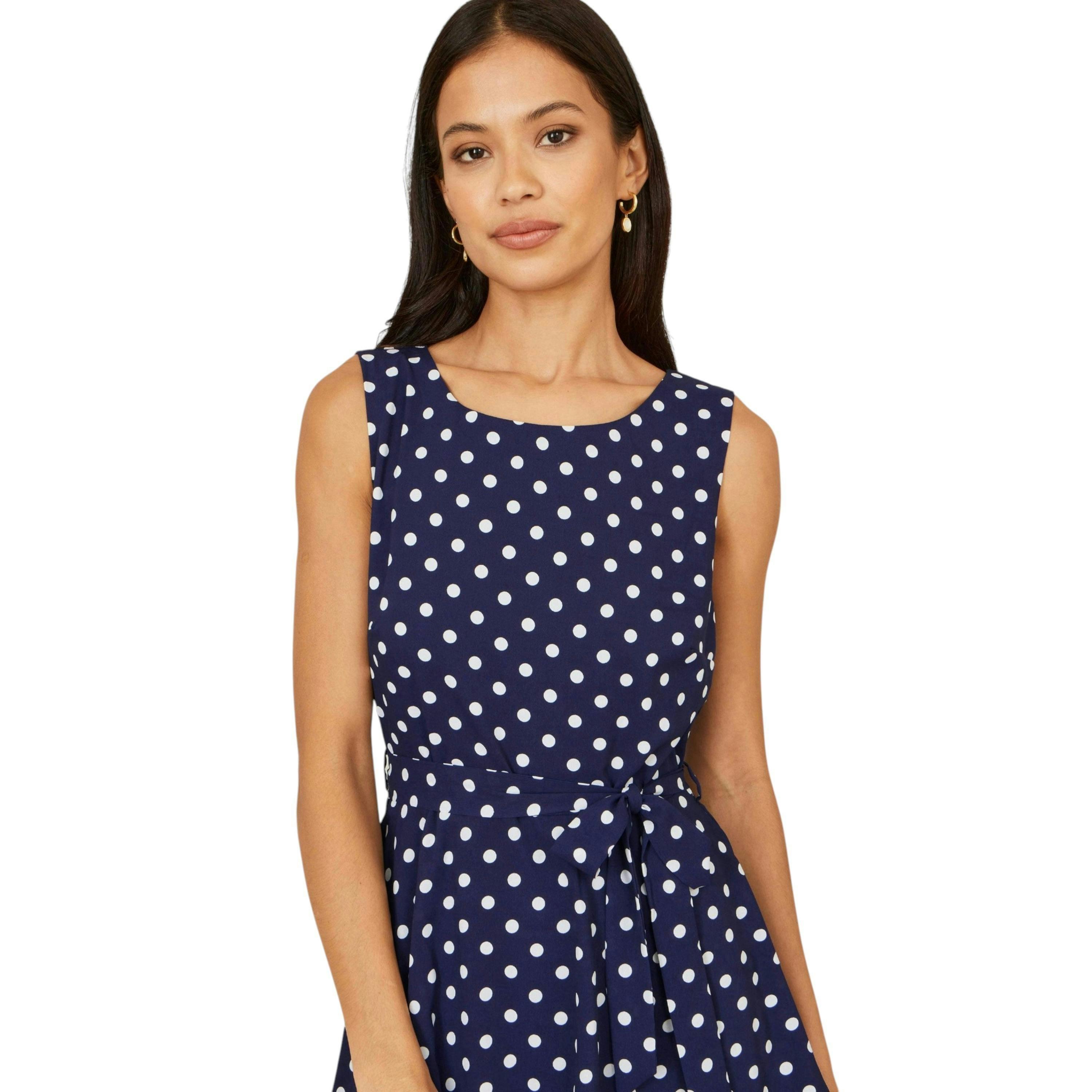 Yumi Navy Spot Tiered Midi Dress , view 2 of 6