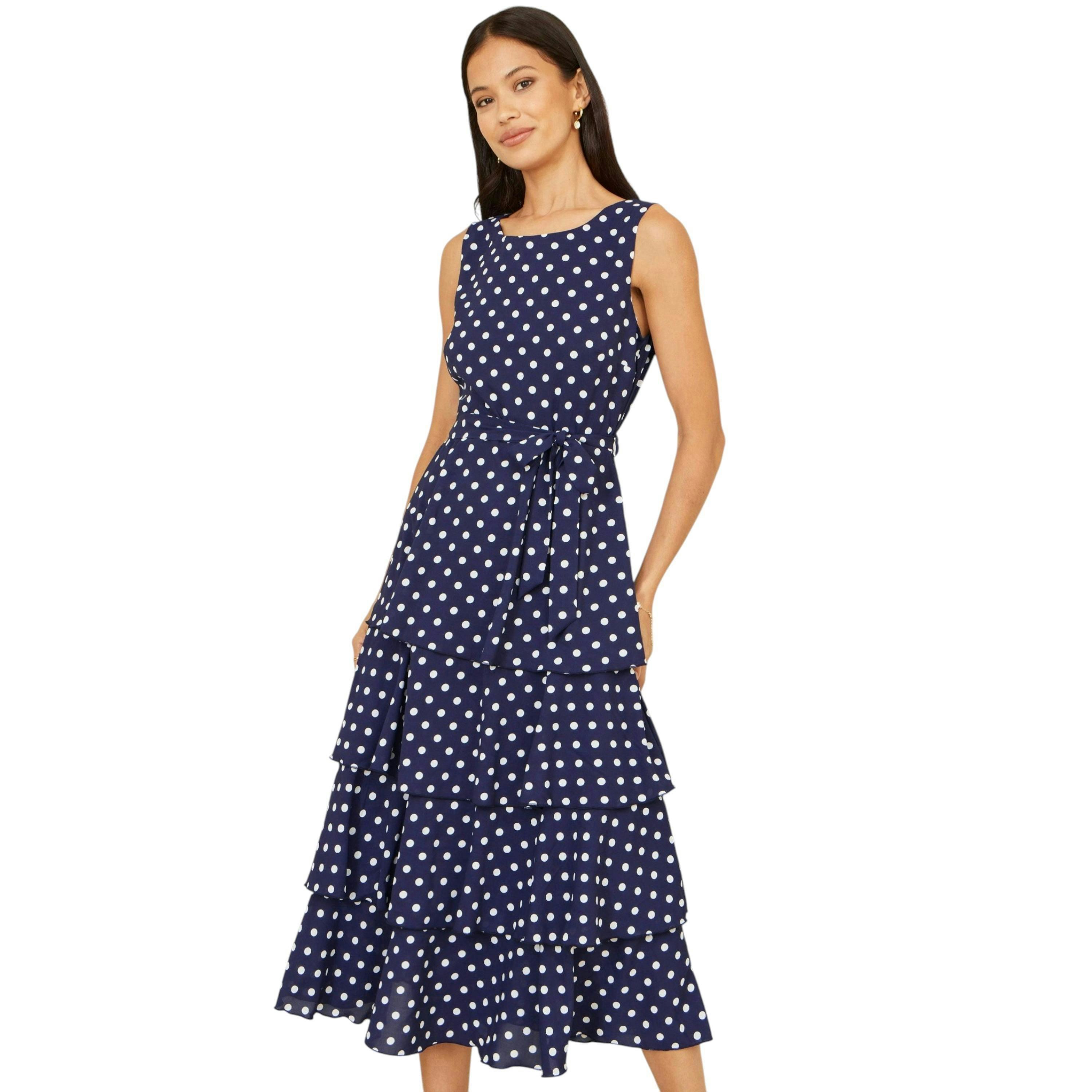 Yumi Navy Spot Tiered Midi Dress , view 3 of 6