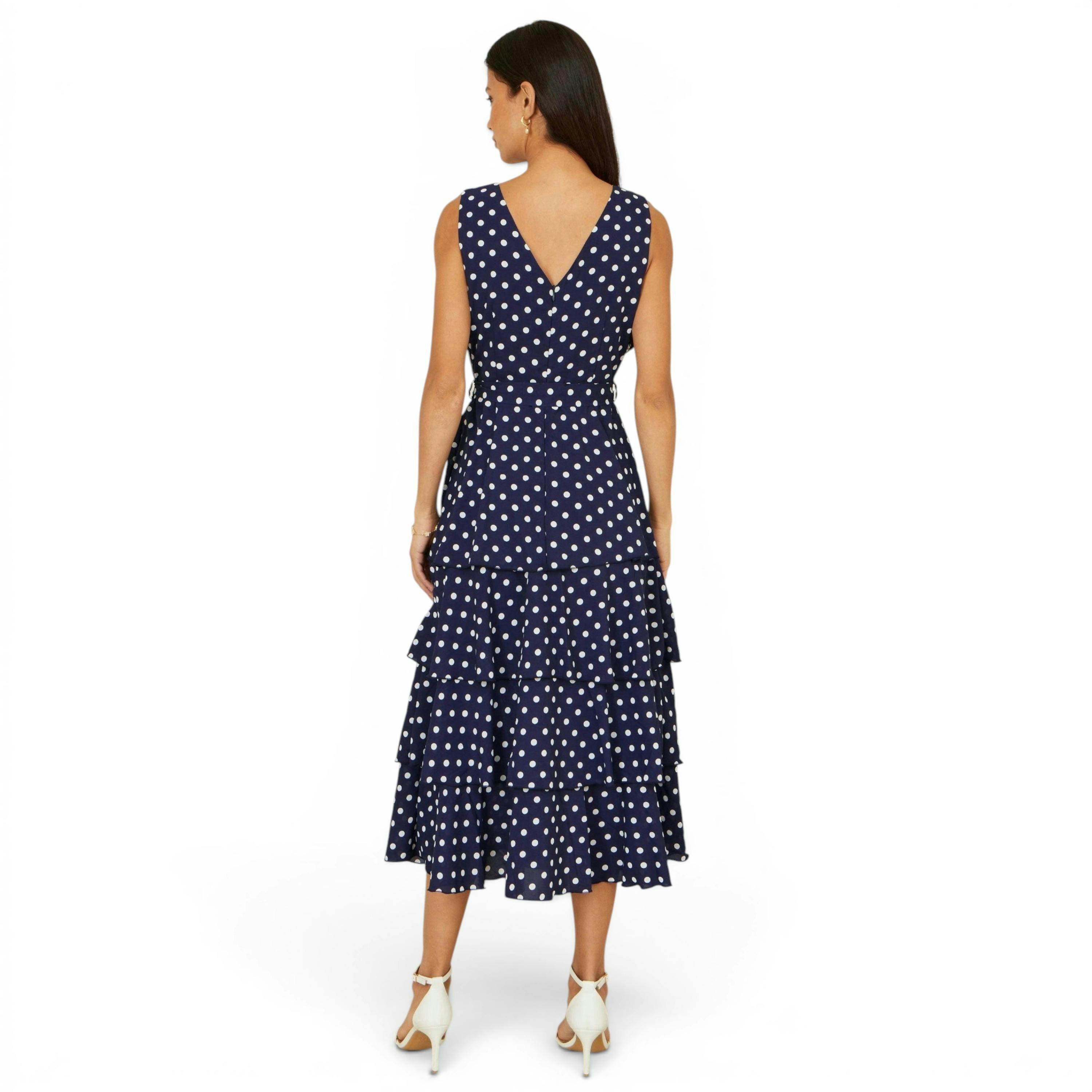 Yumi Navy Spot Tiered Midi Dress , view 4 of 6