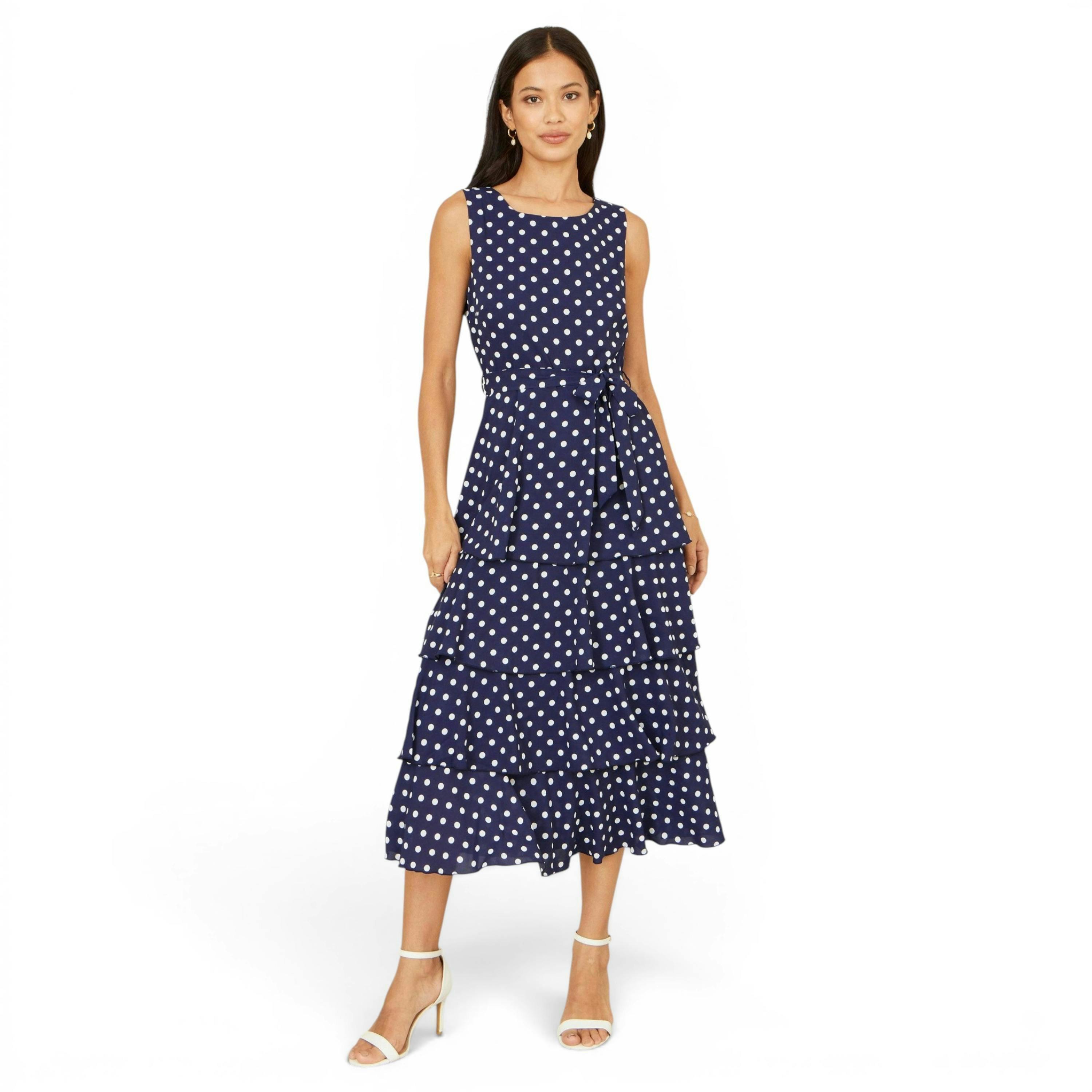 Yumi Navy Spot Tiered Midi Dress , view 5 of 6