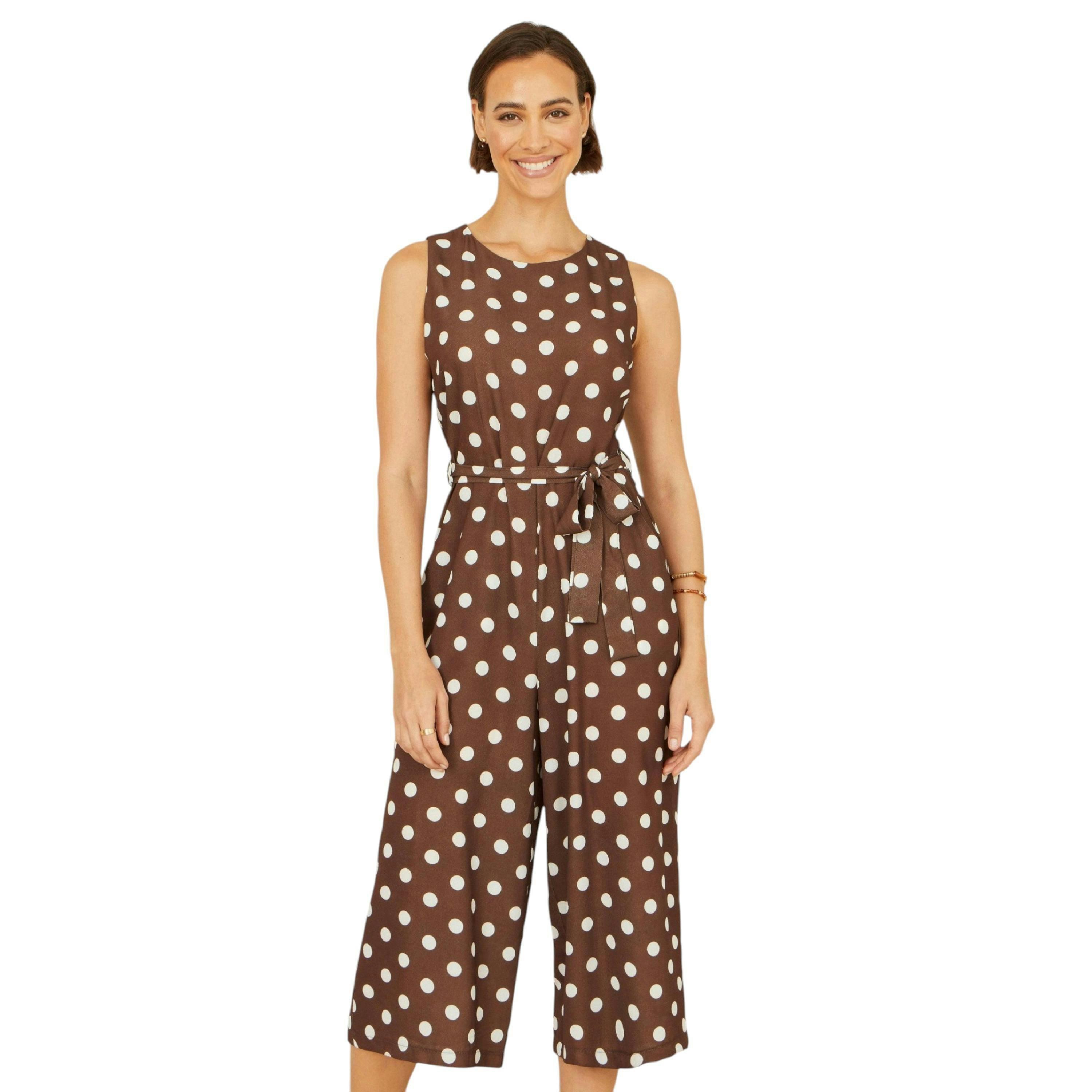 Yumi Brown Polka Dot Culotte Jumpsuit , view 1 of 6