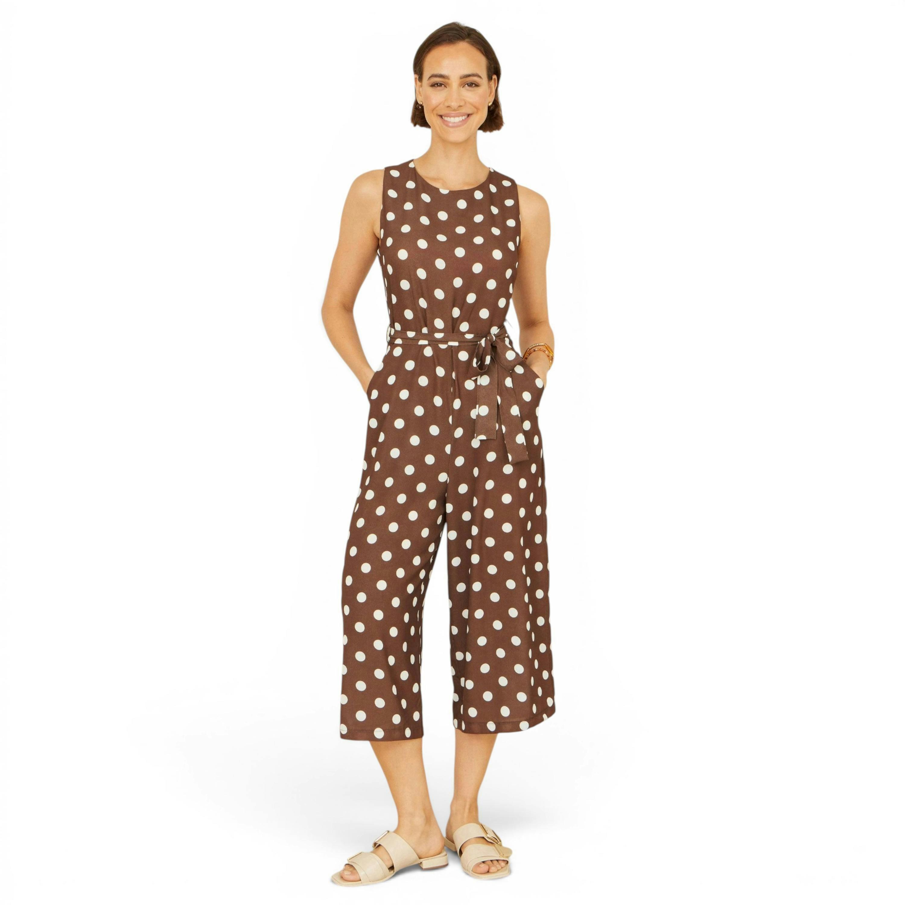 Yumi Brown Polka Dot Culotte Jumpsuit , view 3 of 6