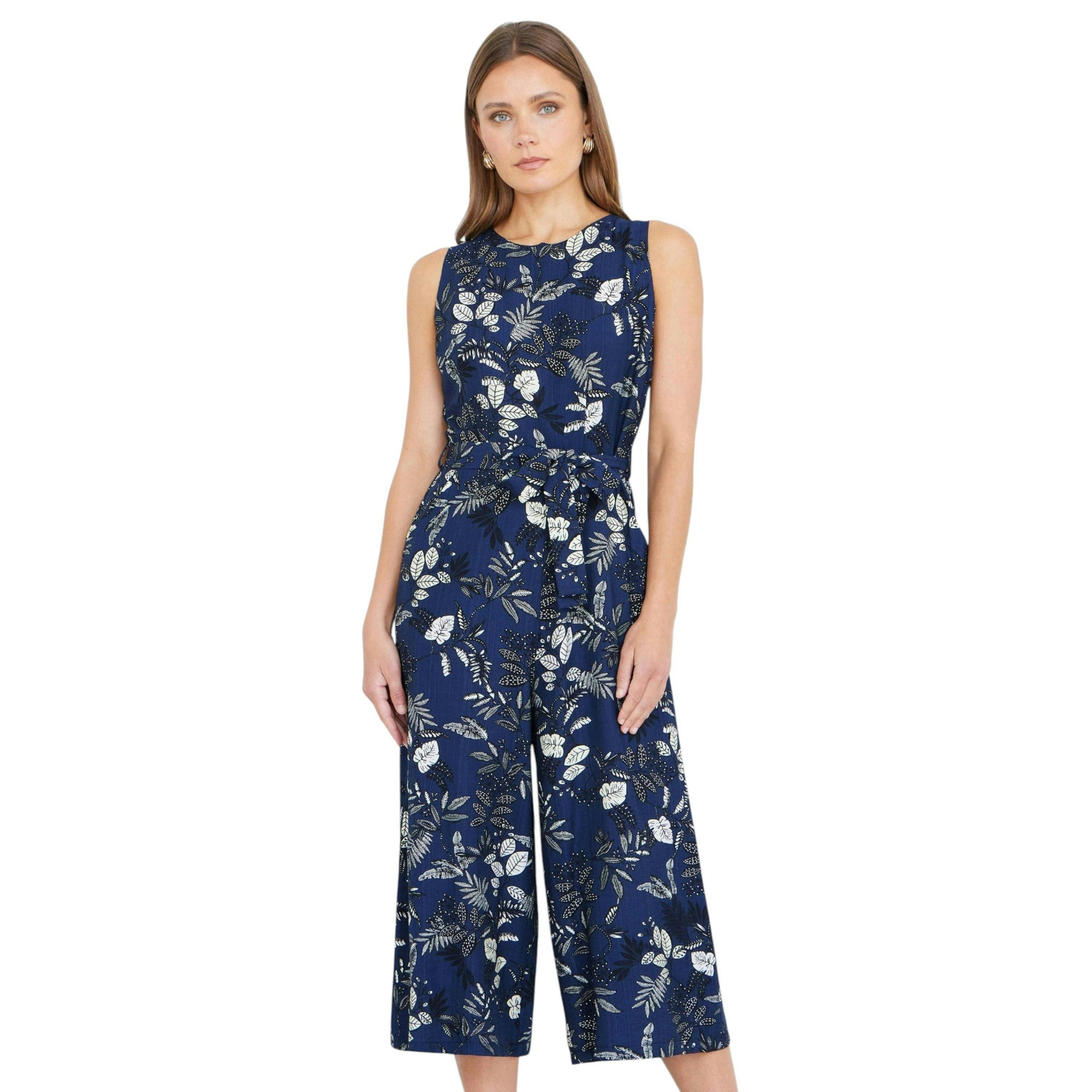 Yumi Navy Leaf Culotte Jumpsuit , view 1 of 6