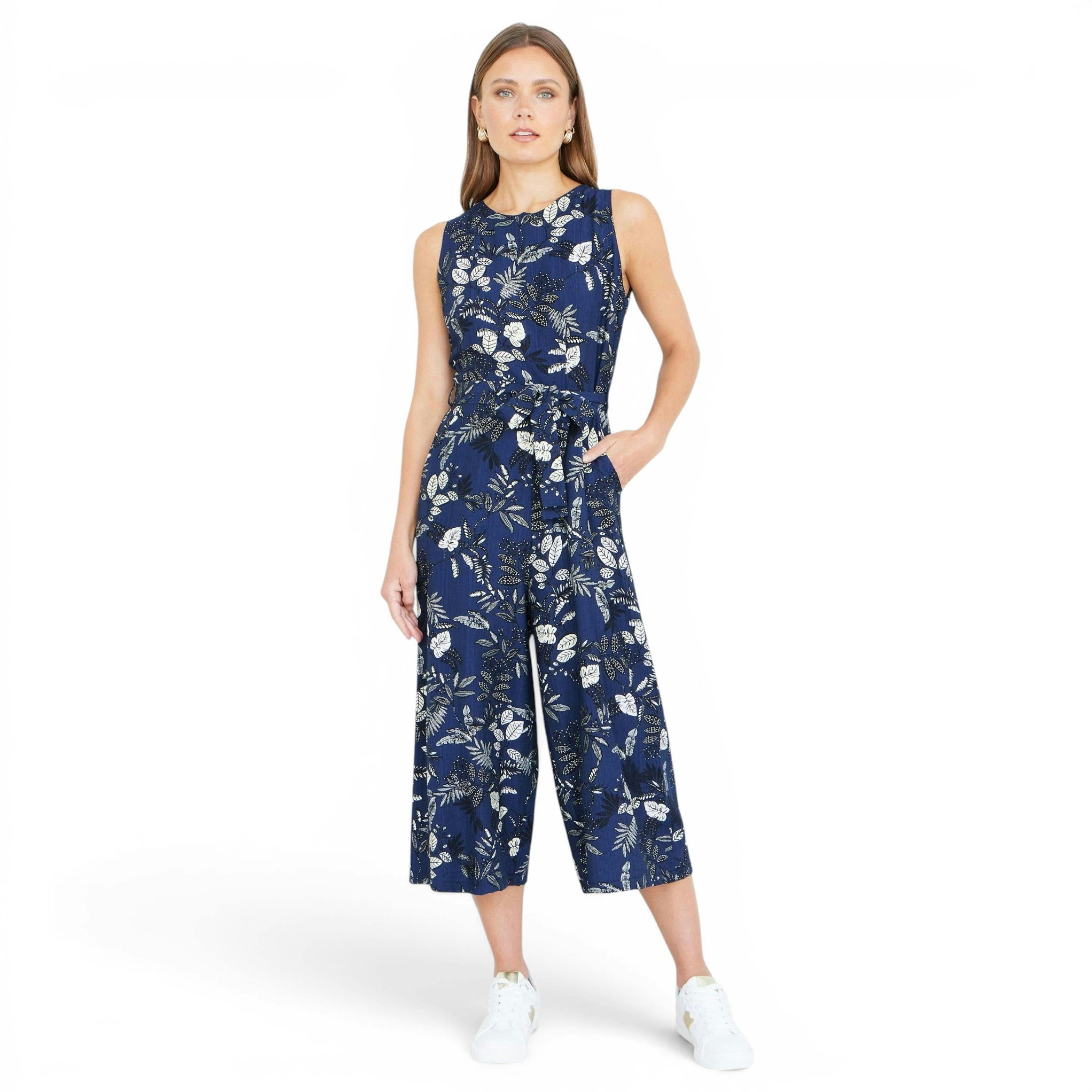 Yumi Navy Leaf Culotte Jumpsuit , view 3 of 6