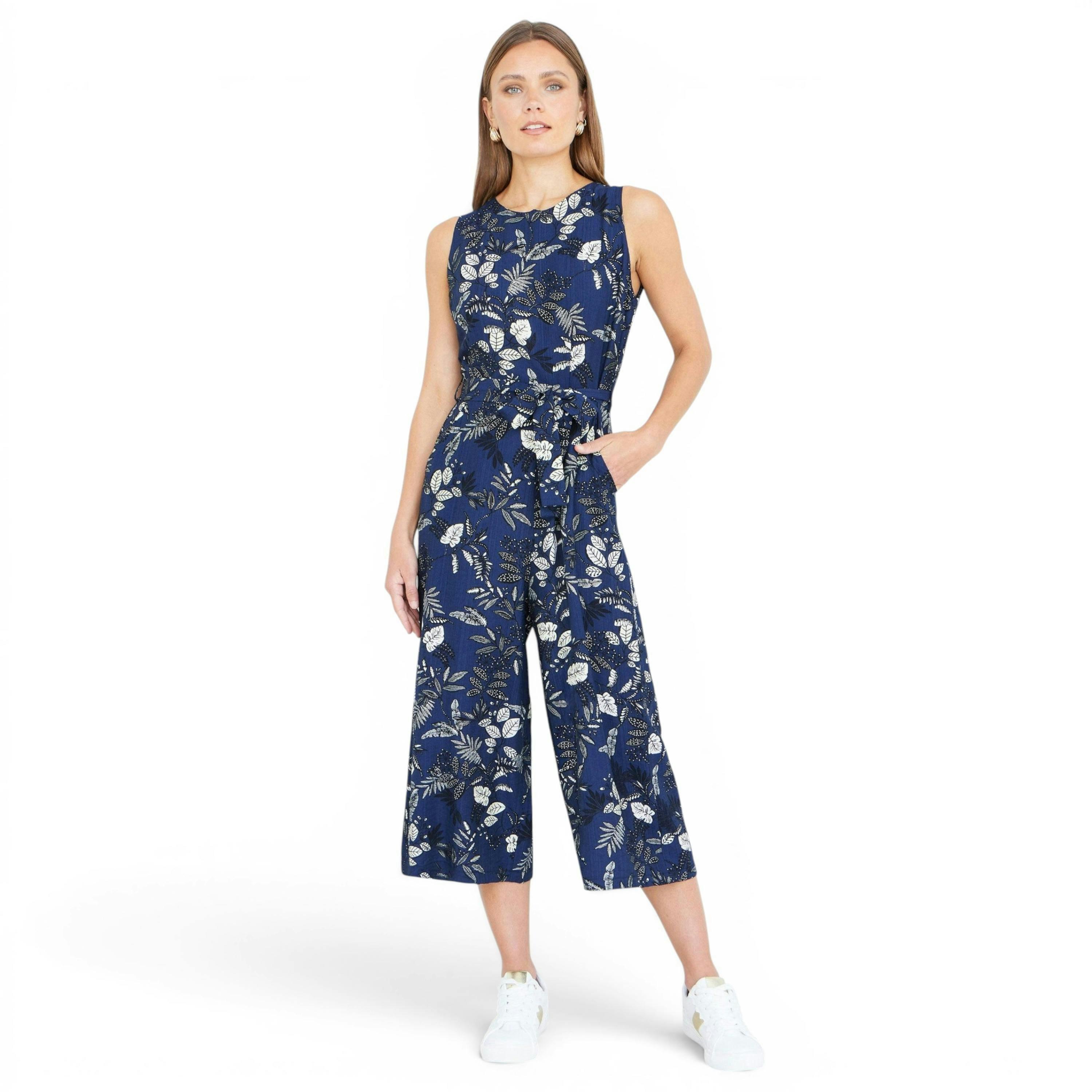 Yumi Navy Leaf Culotte Jumpsuit , view 6 of 6