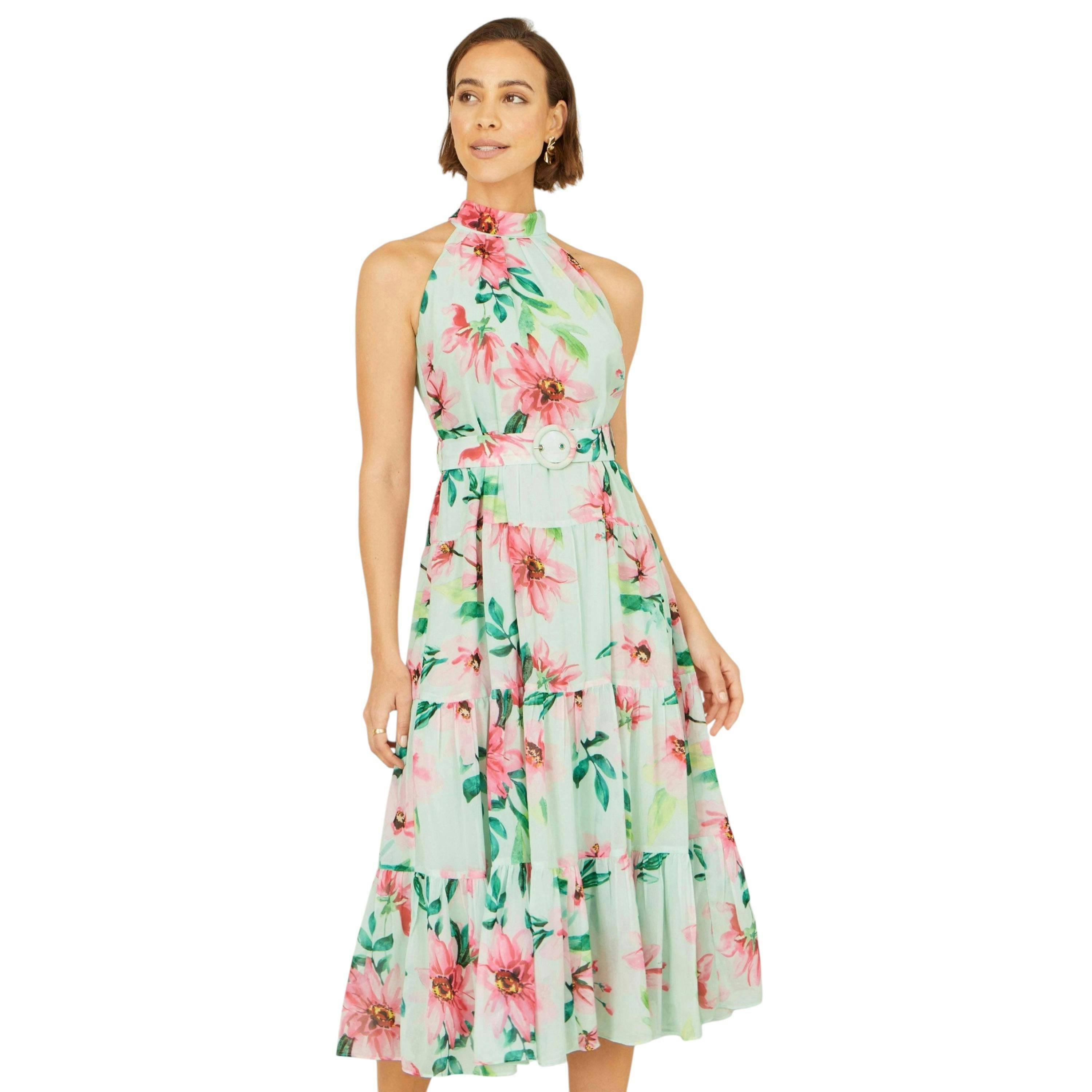 Yumi Mint Floral Halter Neck Midi Dress With Matching Belt , view 1 of 6