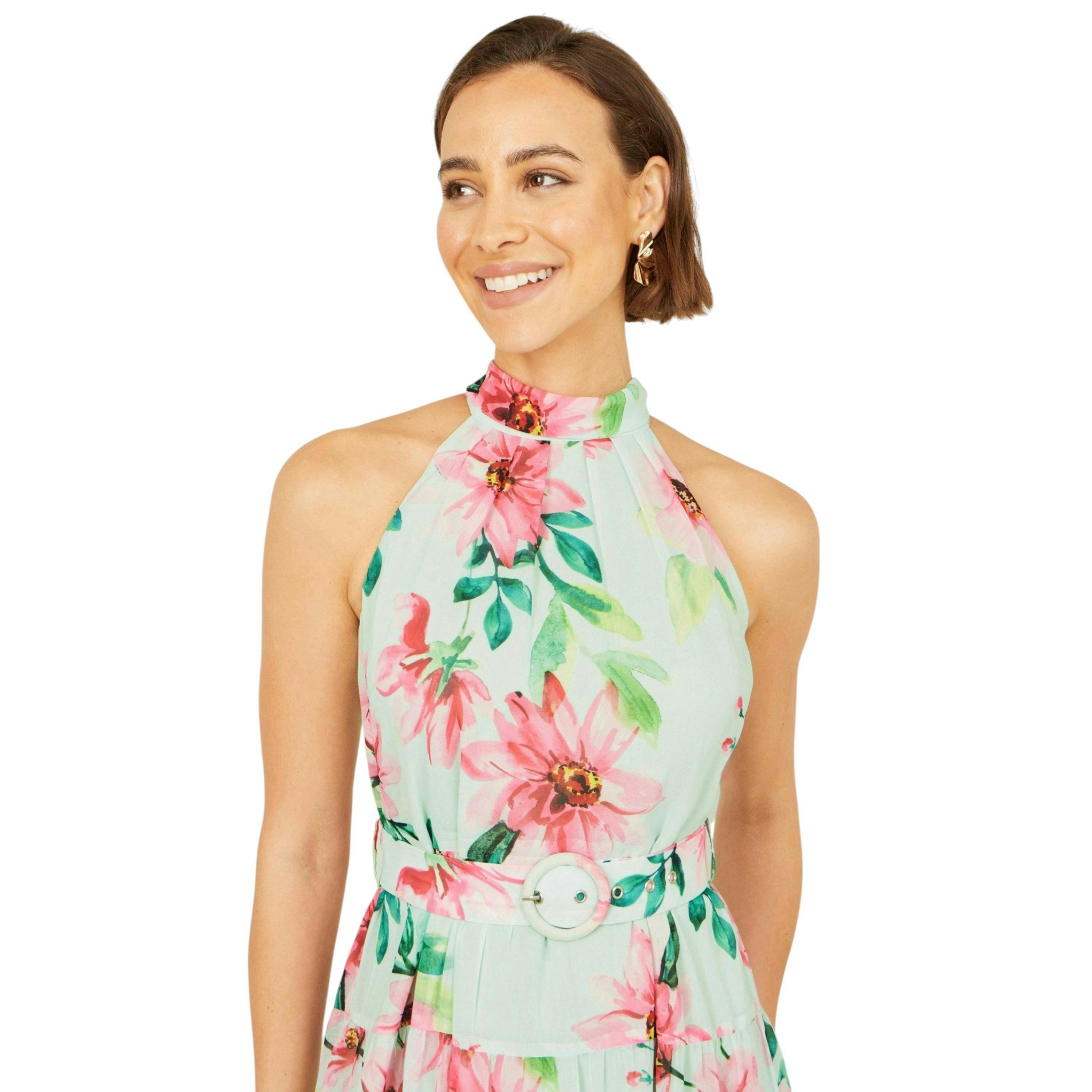 Yumi Mint Floral Halter Neck Midi Dress With Matching Belt , view 2 of 6