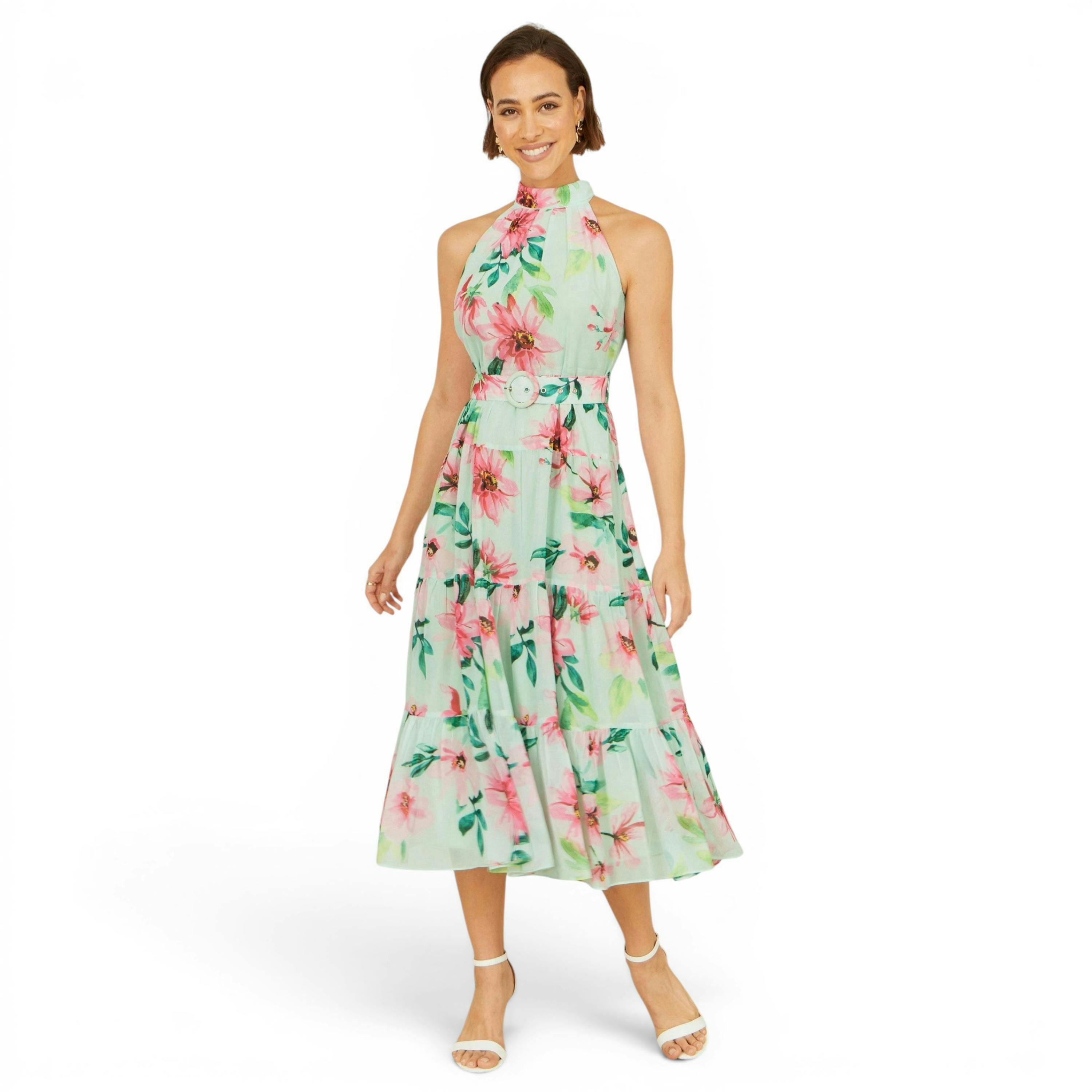 Yumi Mint Floral Halter Neck Midi Dress With Matching Belt , view 3 of 6