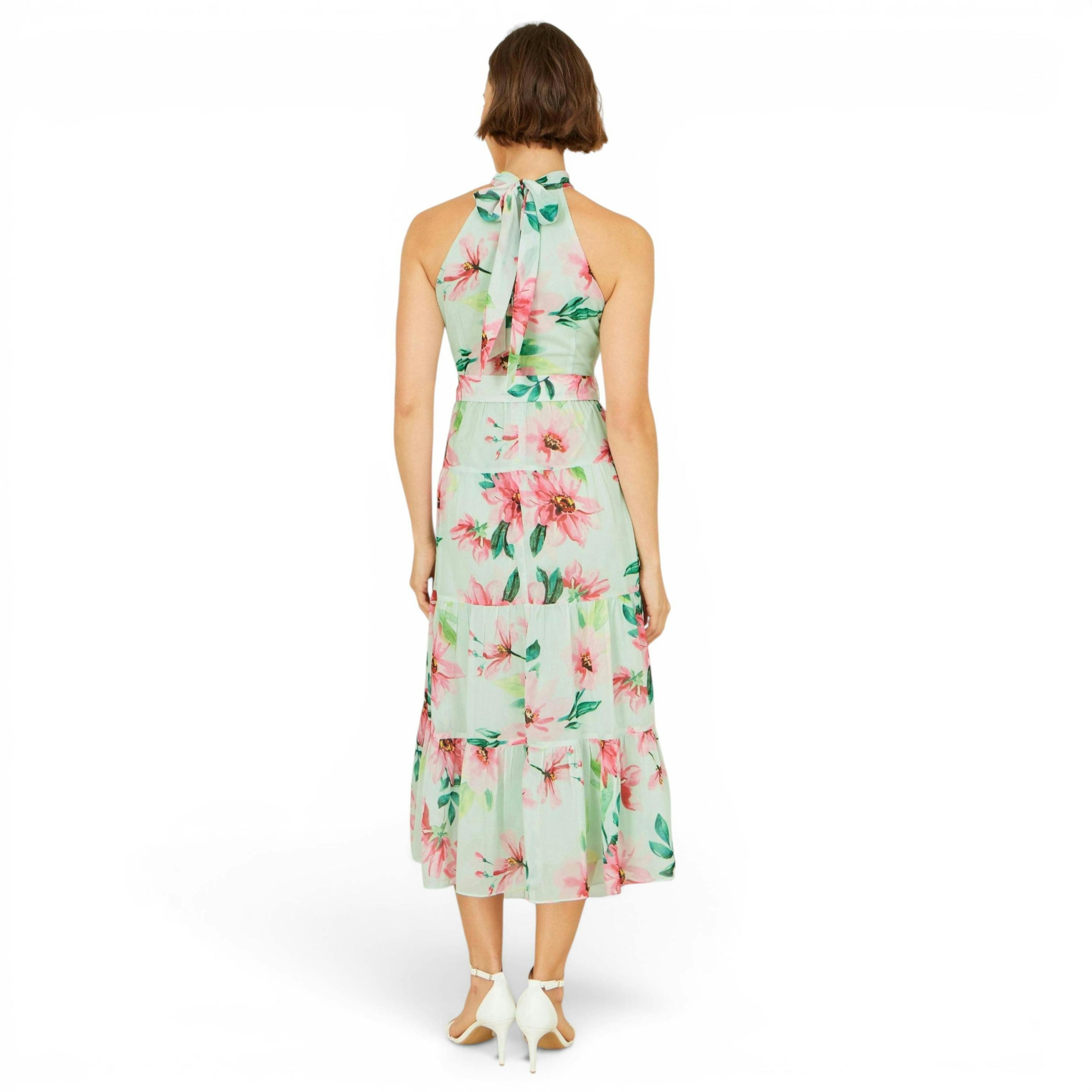 Yumi Mint Floral Halter Neck Midi Dress With Matching Belt , view 4 of 6