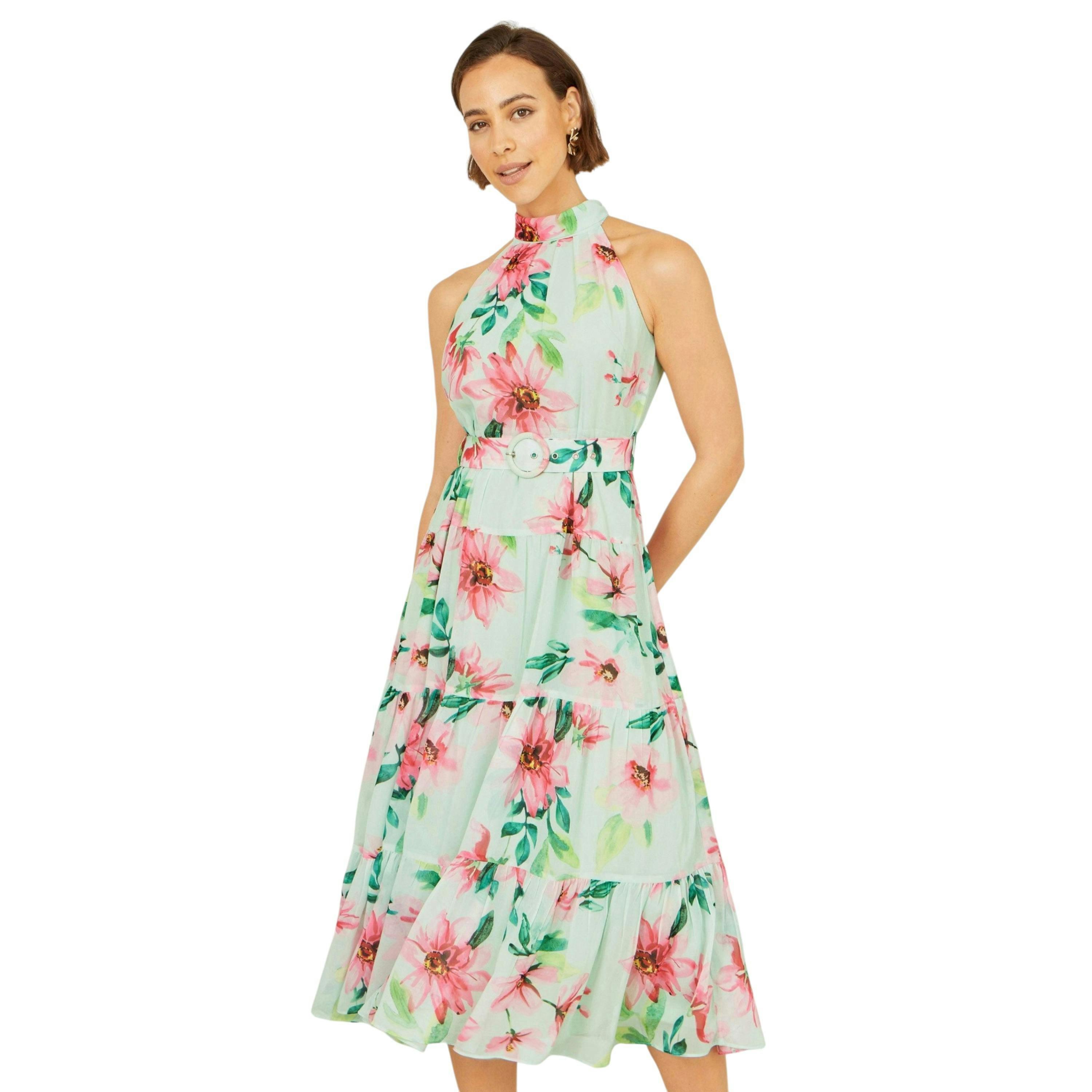 Yumi Mint Floral Halter Neck Midi Dress With Matching Belt , view 5 of 6