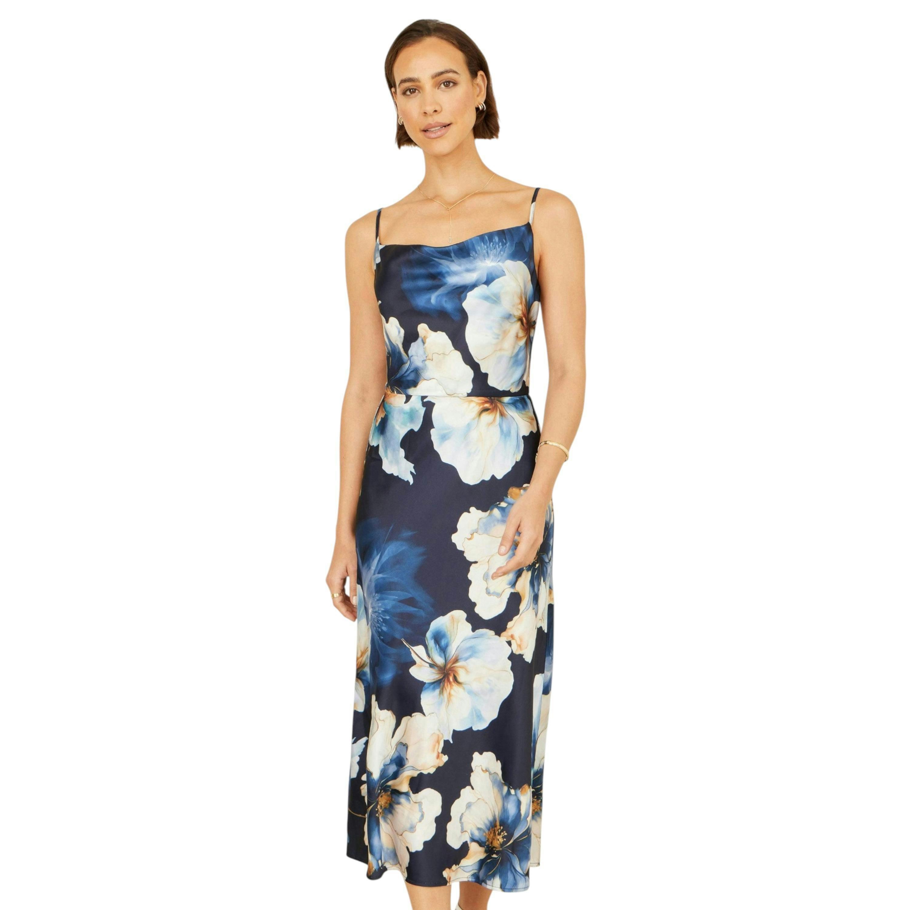 Yumi Navy Cowl Neck Satin Floral Dress , view 1 of 6
