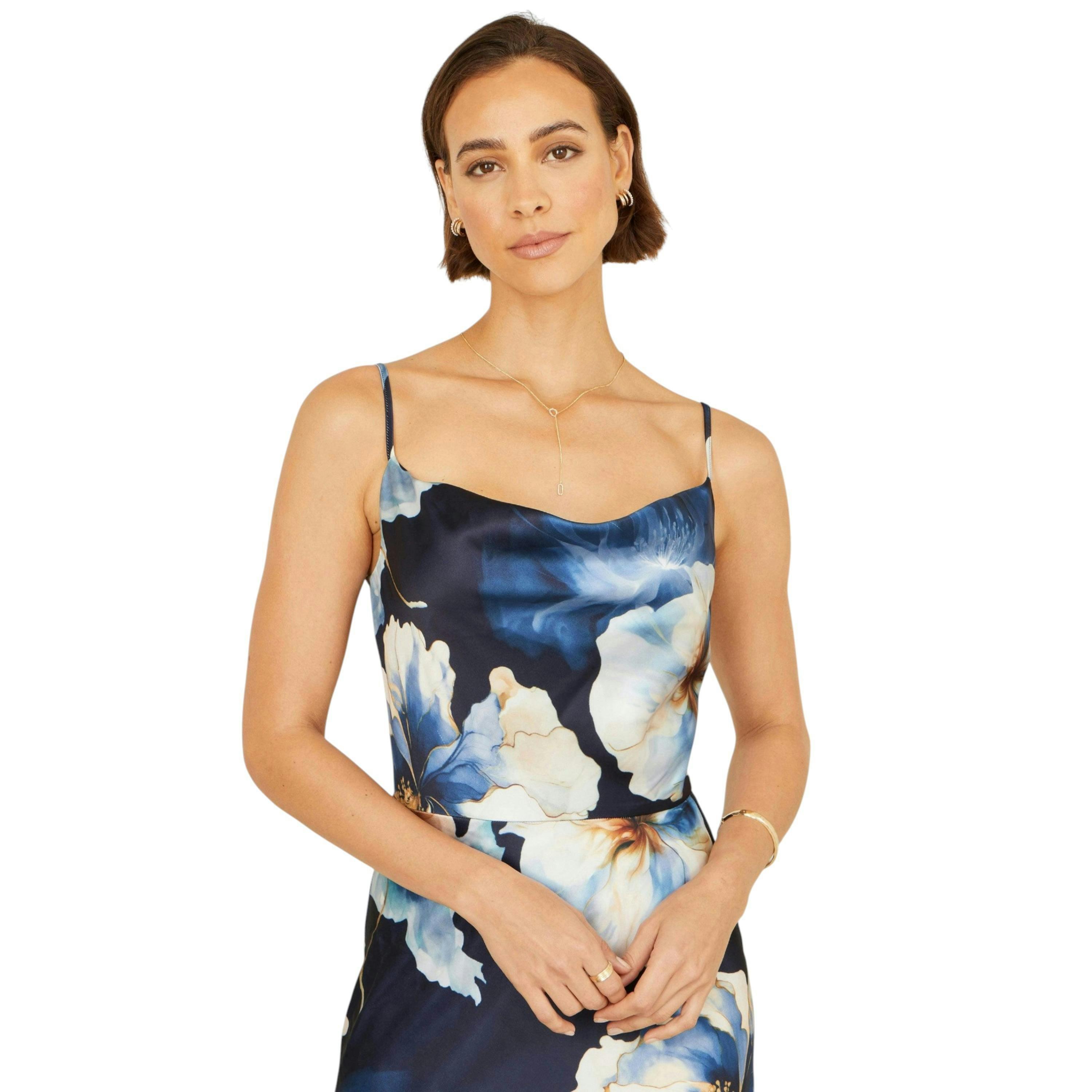 Yumi Navy Cowl Neck Satin Floral Dress , view 2 of 6