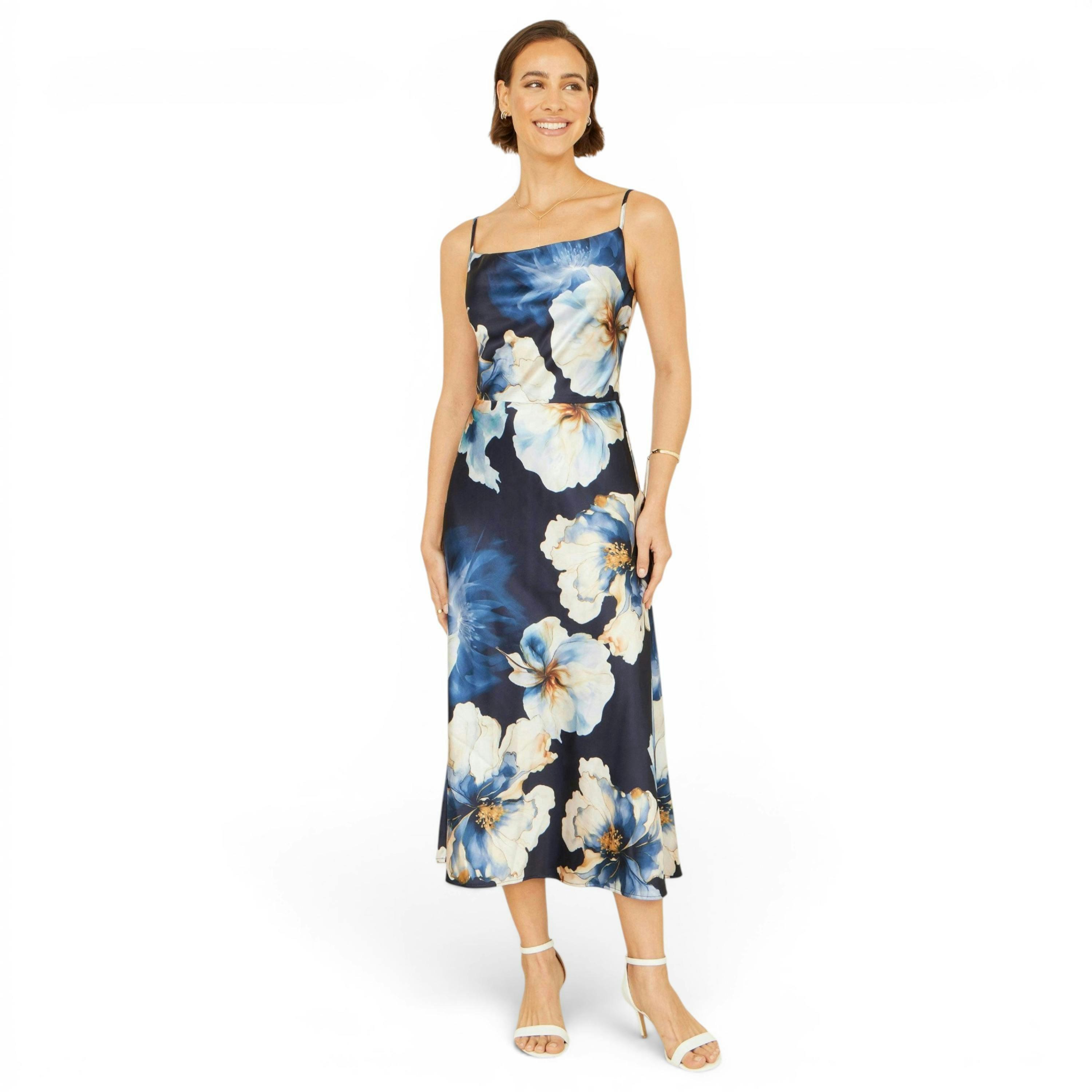 Yumi Navy Cowl Neck Satin Floral Dress , view 3 of 6