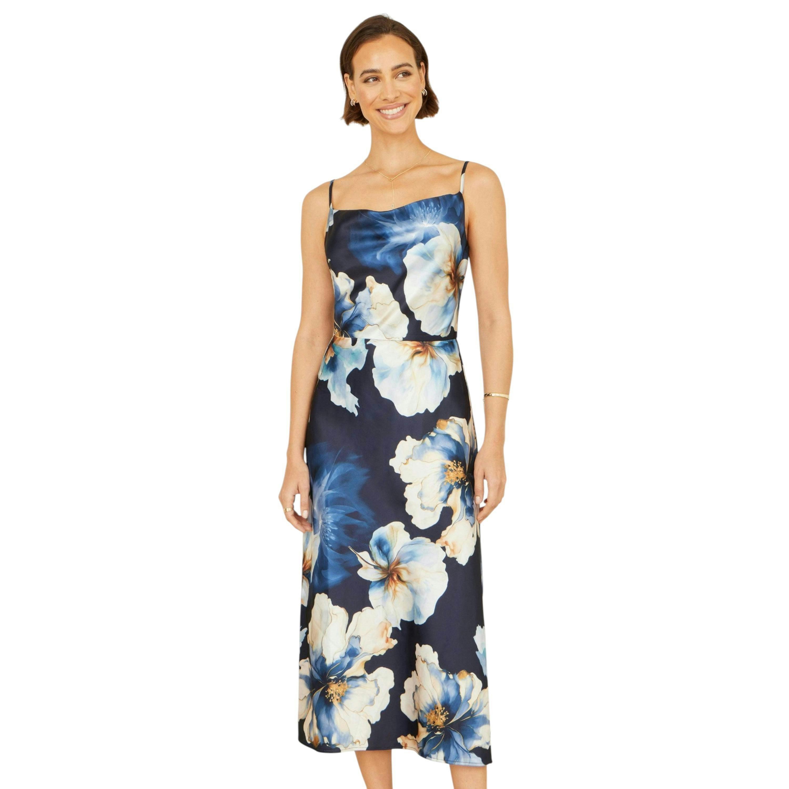 Yumi Navy Cowl Neck Satin Floral Dress , view 4 of 6