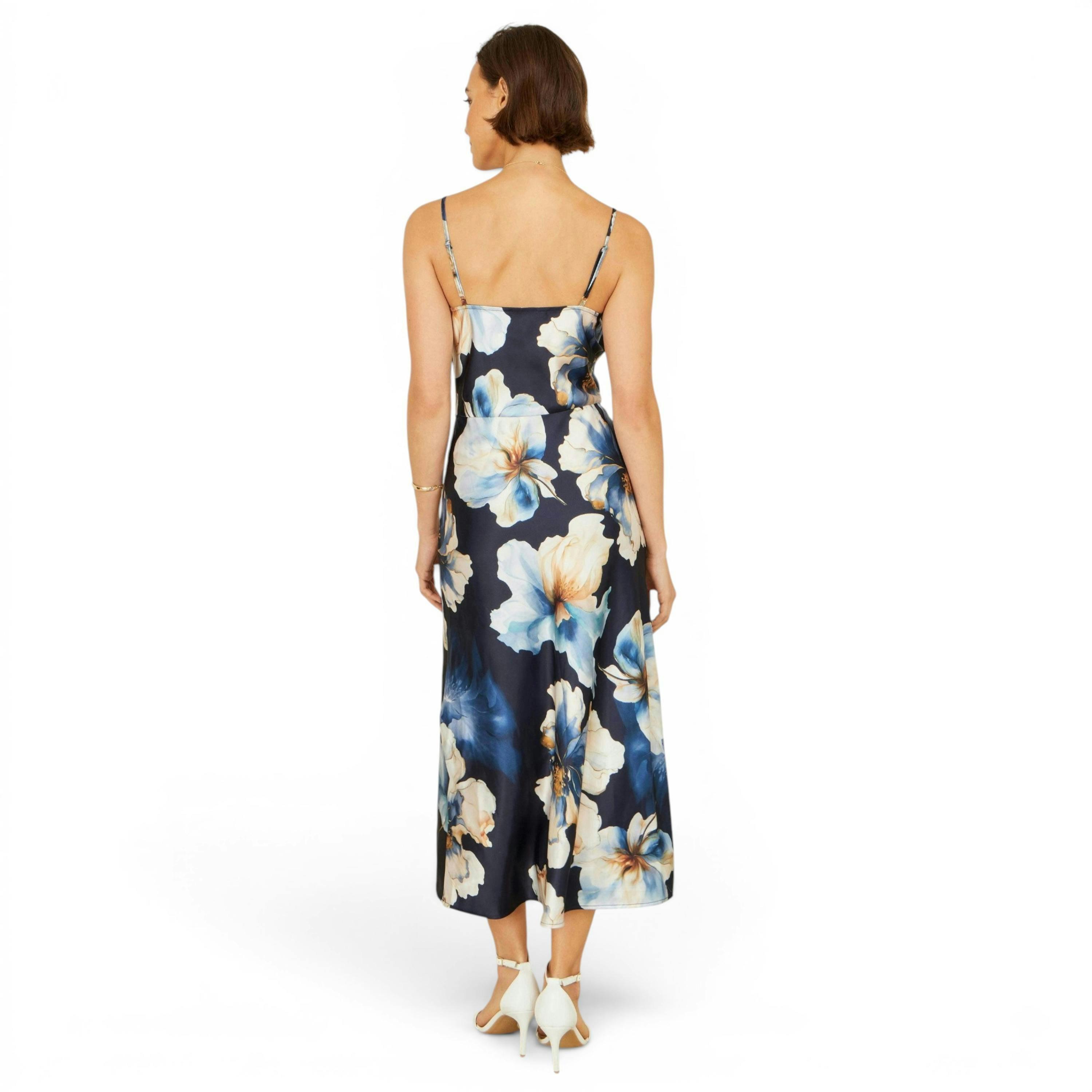 Yumi Navy Cowl Neck Satin Floral Dress , view 5 of 6