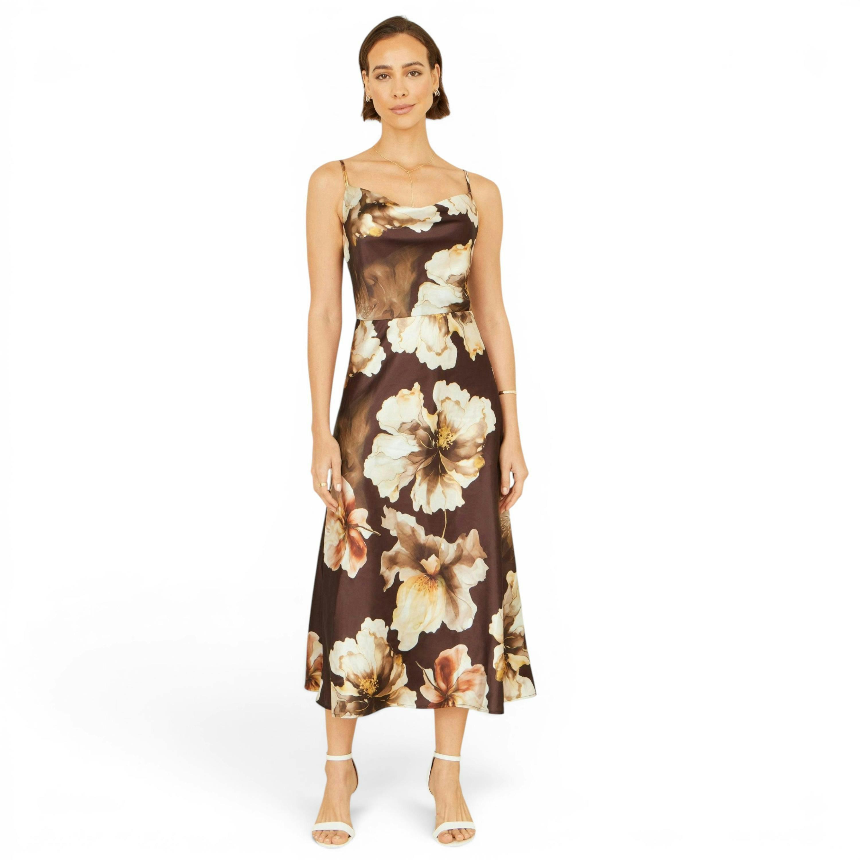 Yumi Brown Cowl Neck Satin Floral Dress , view 1 of 6