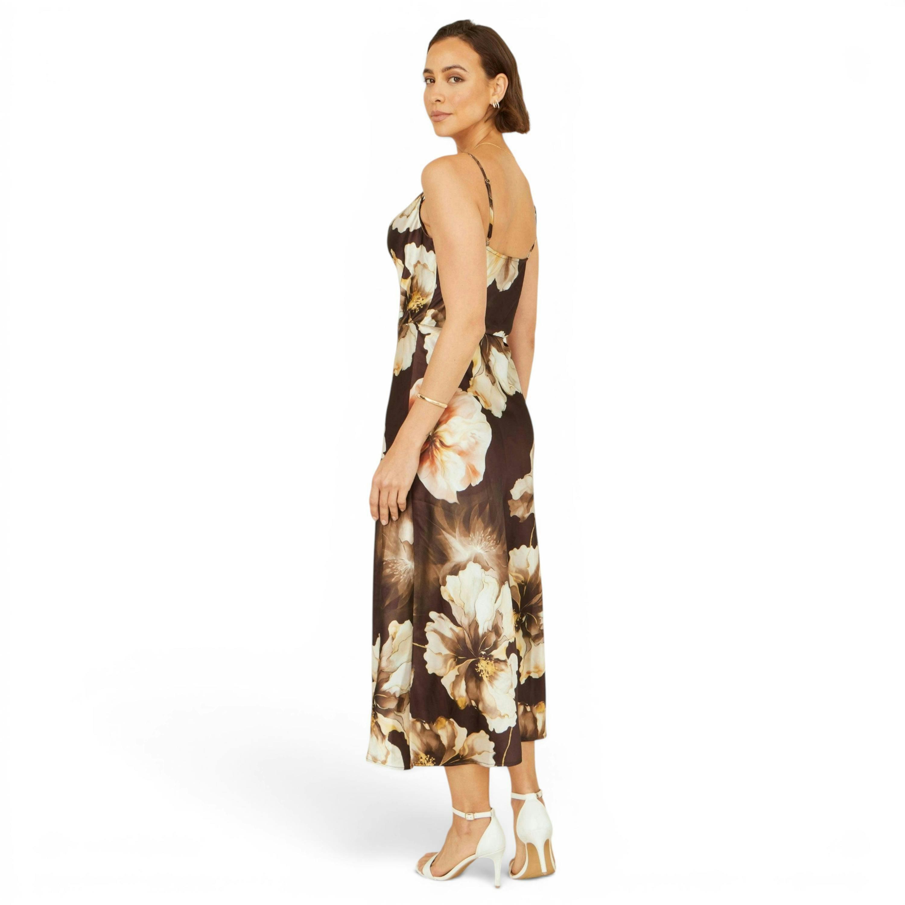 Yumi Brown Cowl Neck Satin Floral Dress , view 3 of 6