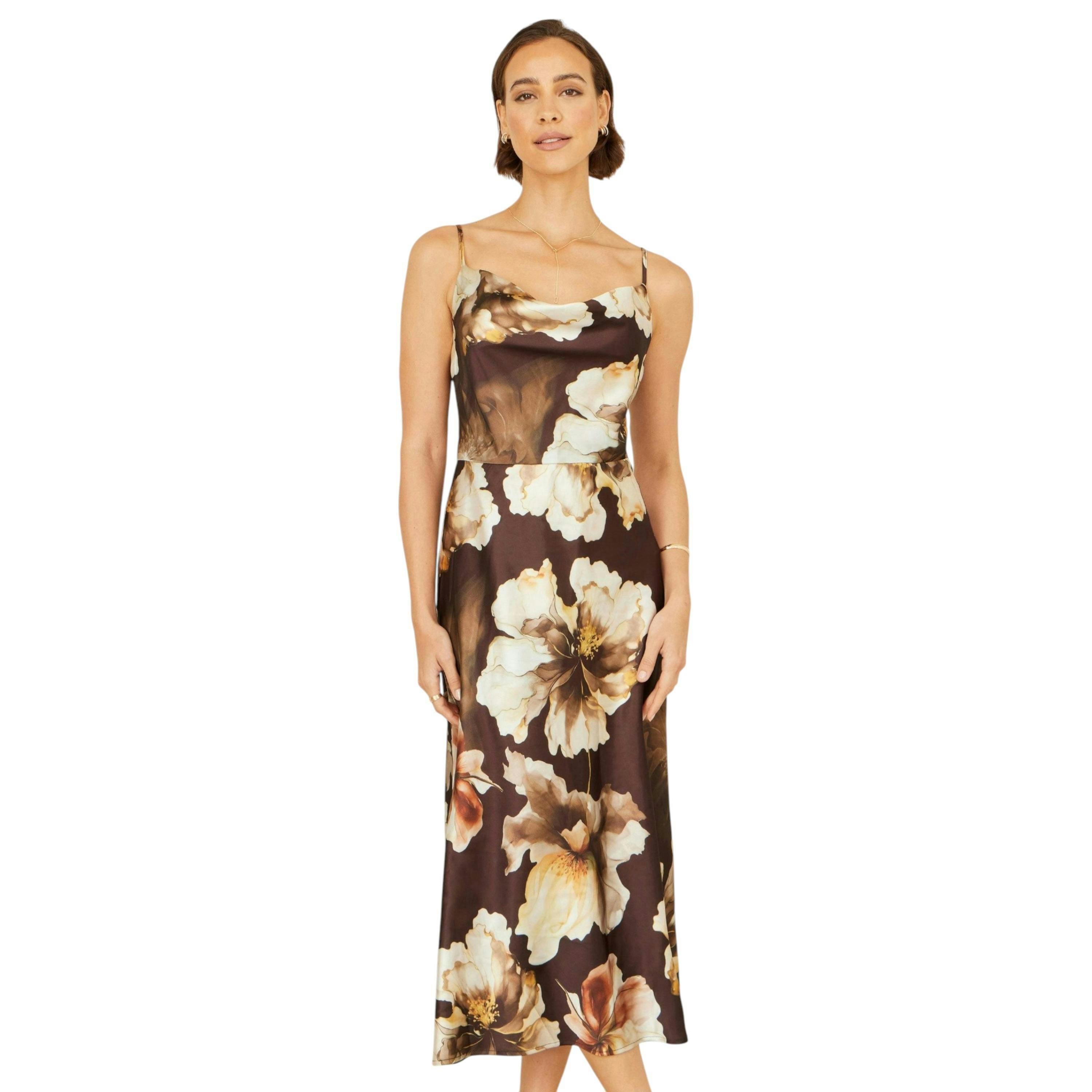 Yumi Brown Cowl Neck Satin Floral Dress , view 4 of 6