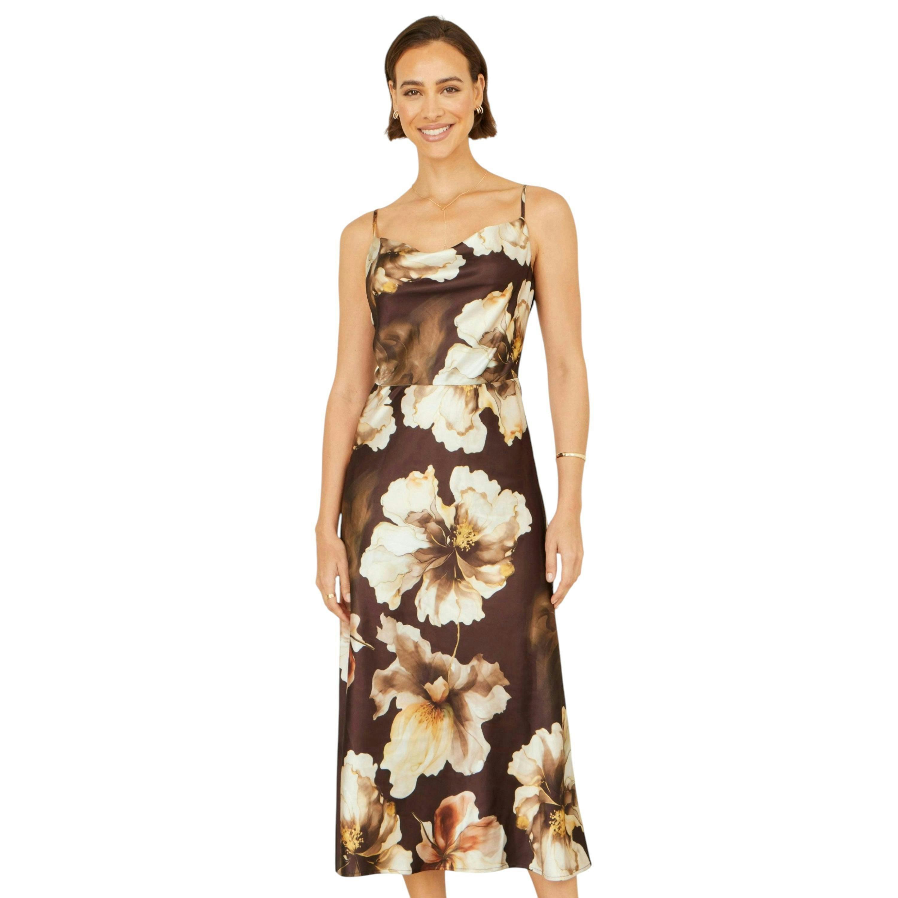Yumi Brown Cowl Neck Satin Floral Dress , view 5 of 6