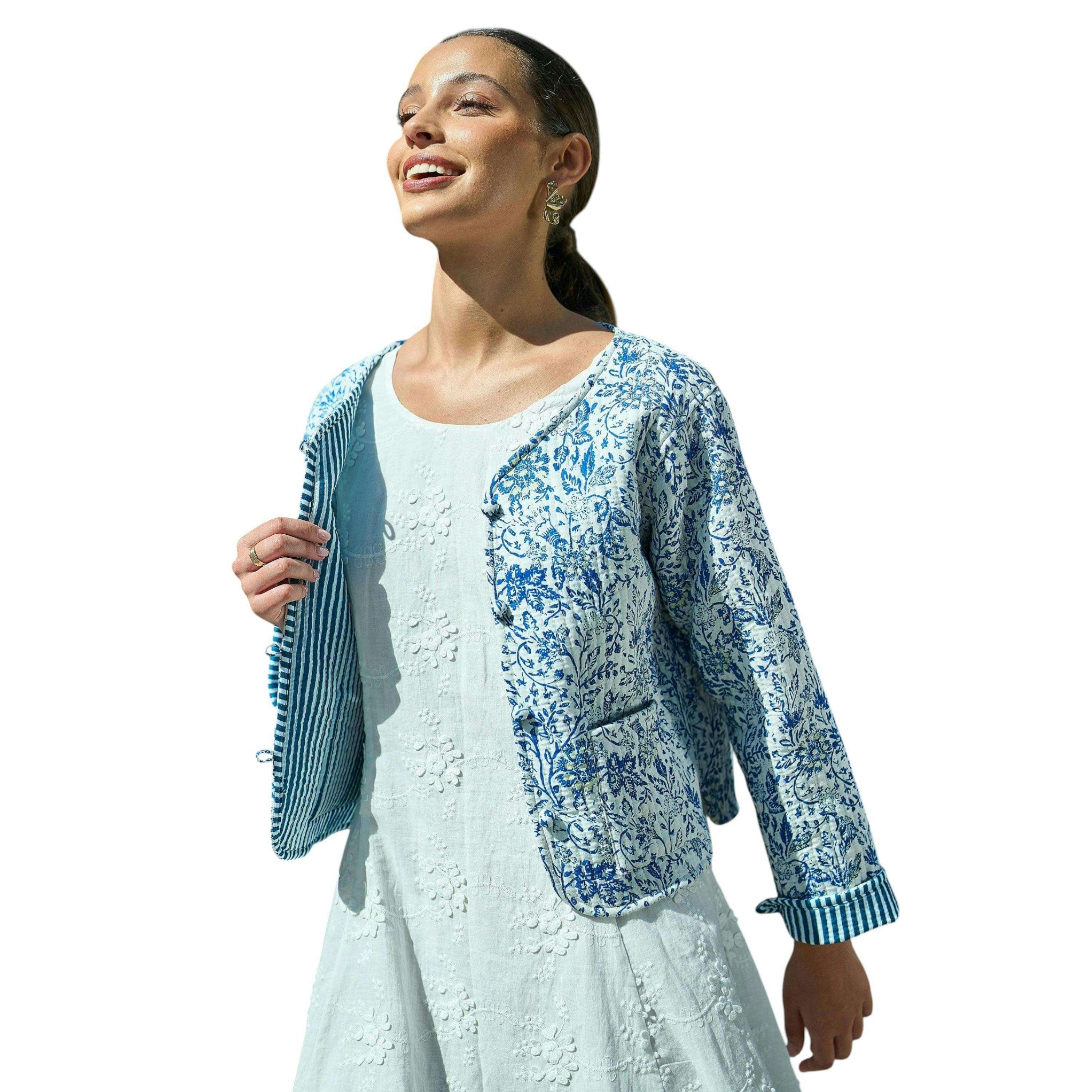 Yumi Blue Boho Floral Print Cropped Reversible Cotton Quilted Jacket , view 1 of 6