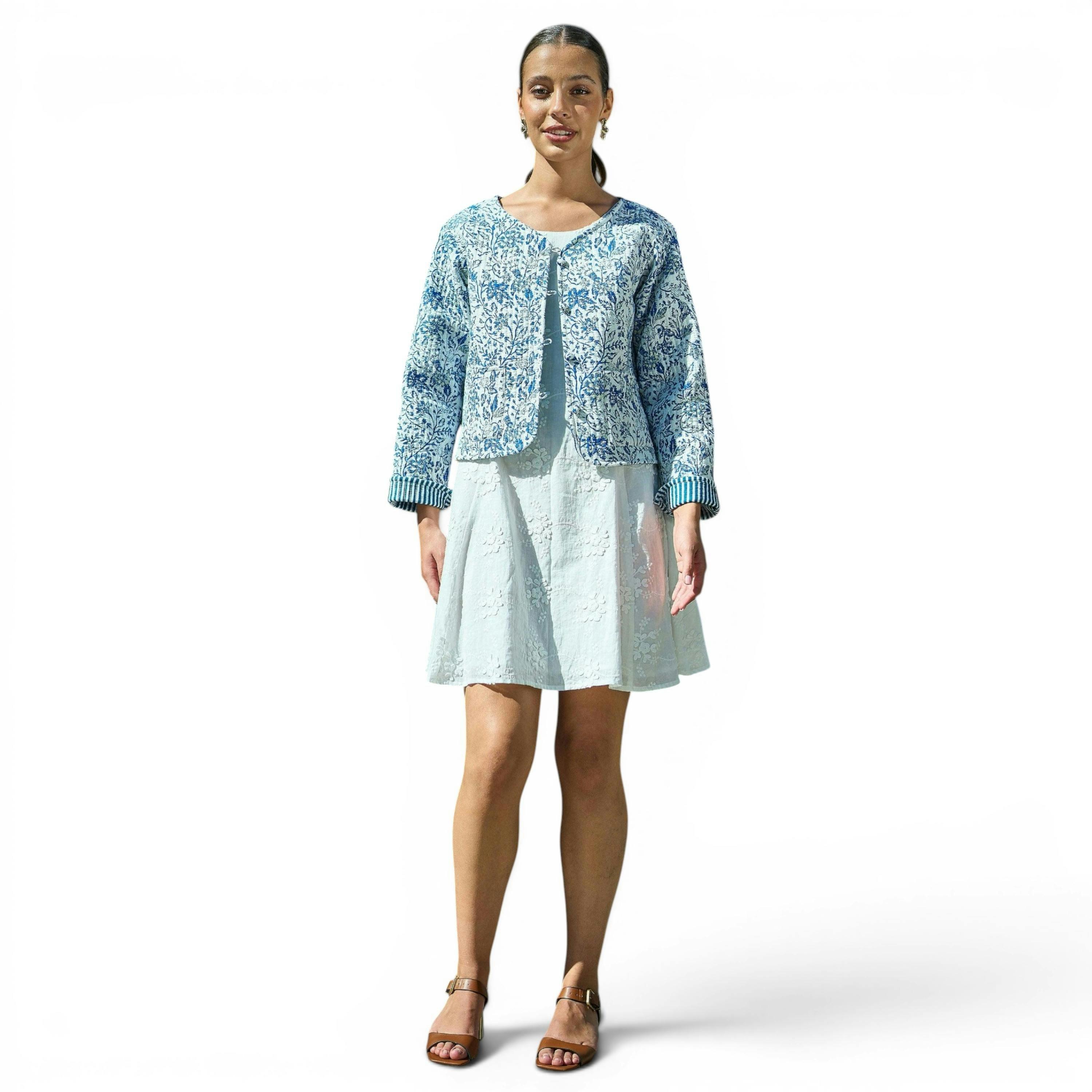 Yumi Blue Boho Floral Print Cropped Reversible Cotton Quilted Jacket , view 2 of 6