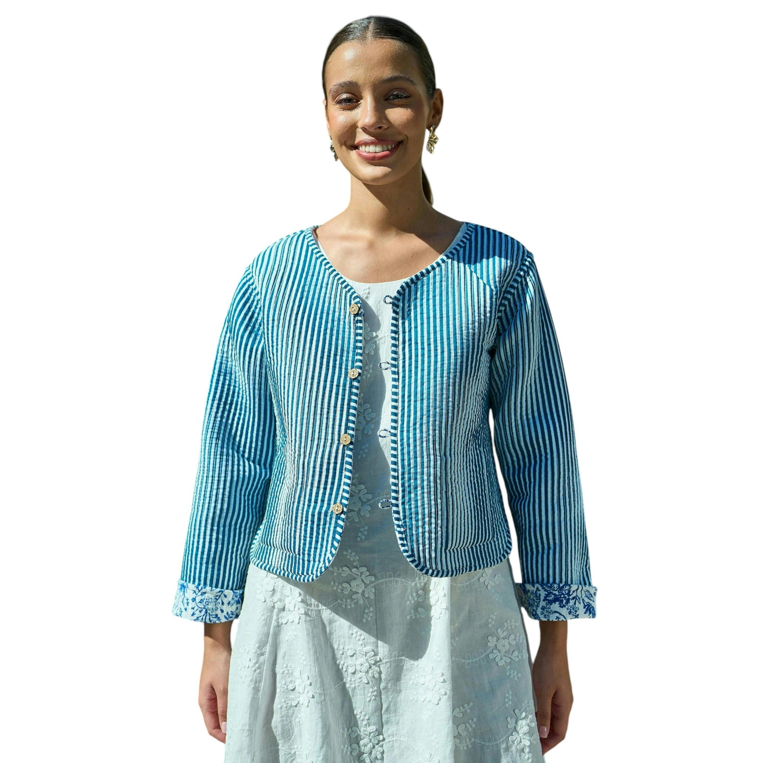 Yumi Blue Boho Floral Print Cropped Reversible Cotton Quilted Jacket , view 3 of 6
