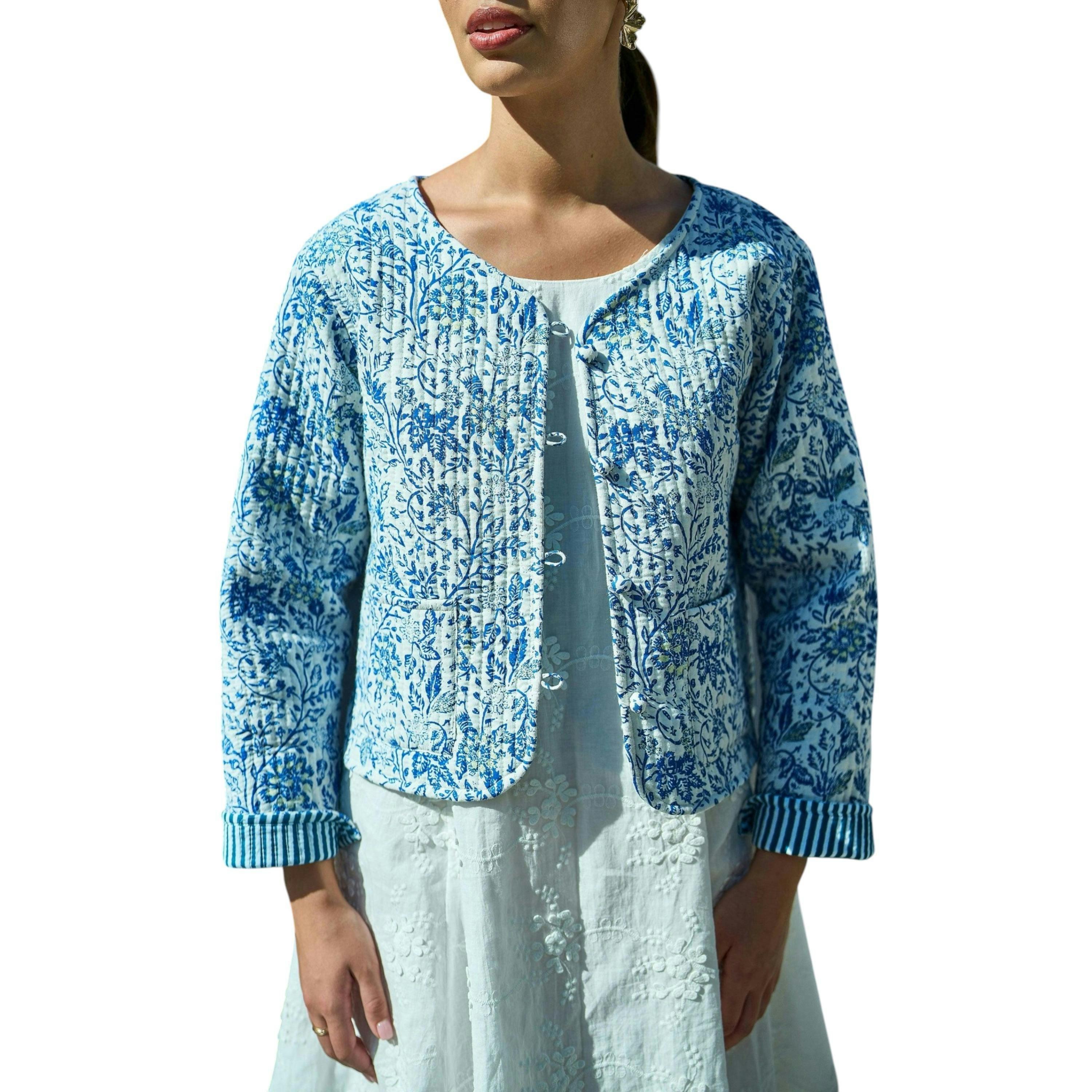 Yumi Blue Boho Floral Print Cropped Reversible Cotton Quilted Jacket , view 4 of 6